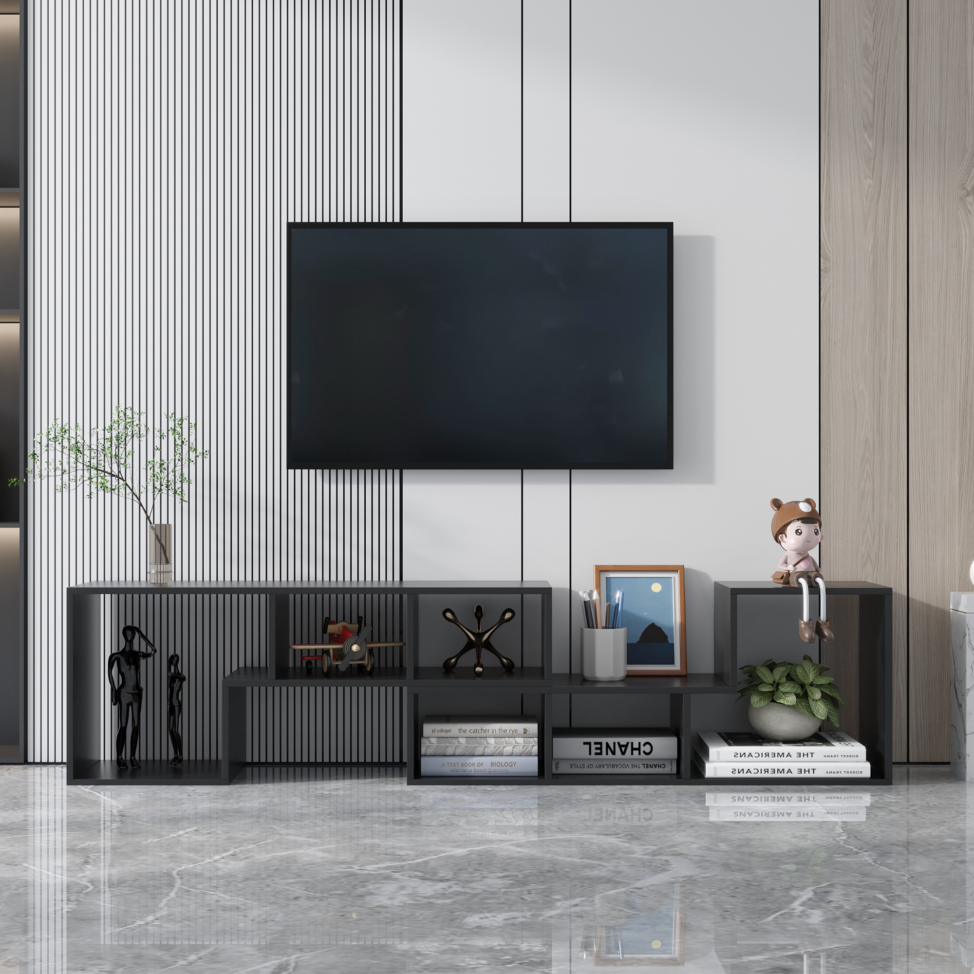 Double L-Shaped TV Stand，Display Shelf ，Bookcase for Home Furniture,Black-Boyel Living