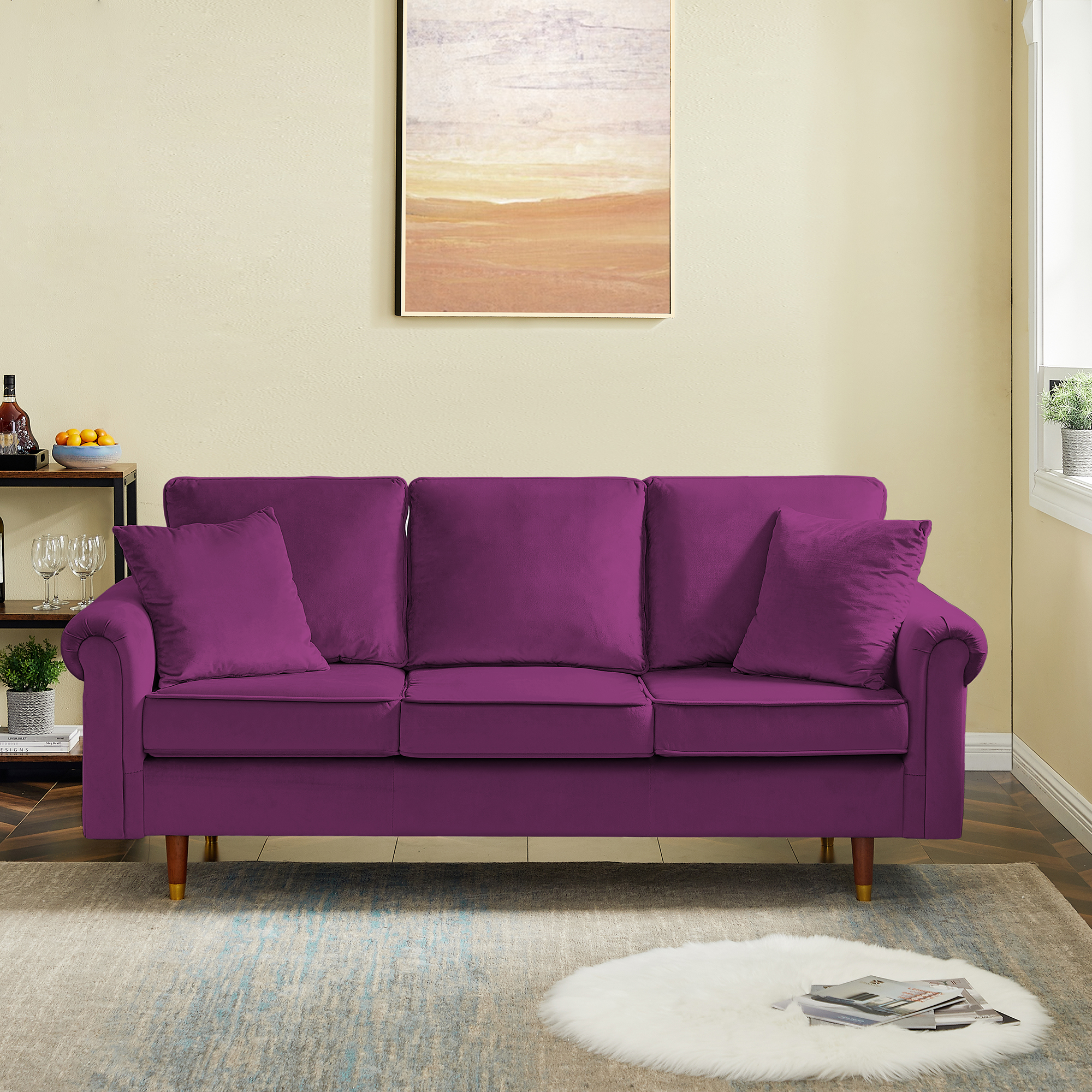 Velvet Sofa Couch with 2 Pillows, Modern 3 Seater Sofa With Wood Legs for Living Room and Bedroom .-Boyel Living