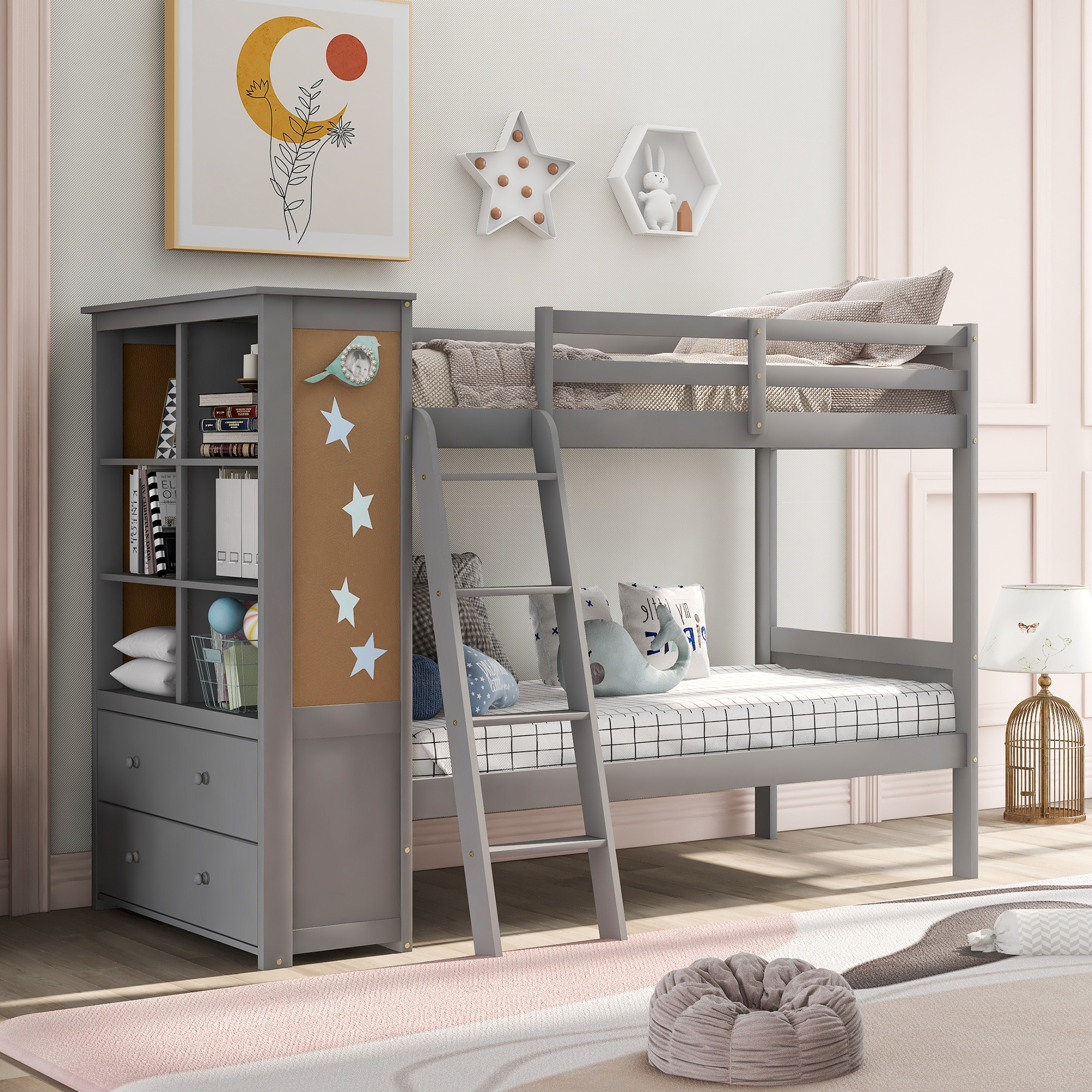 Wood Twin Over Twin Bunk Bed with Bookcase and Ladder, Multi-Functional Combination of Bunk Bed (Gray)-Boyel Living