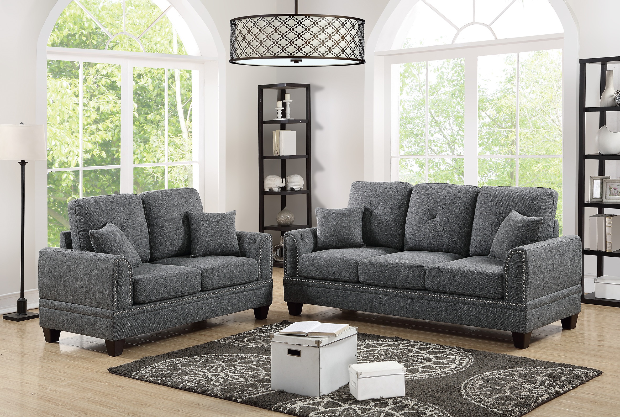 Classic Living Room Couch Furniture Sofa And Loveseat Ash Black Blended Fabric 2pc Sofa Set-Boyel Living