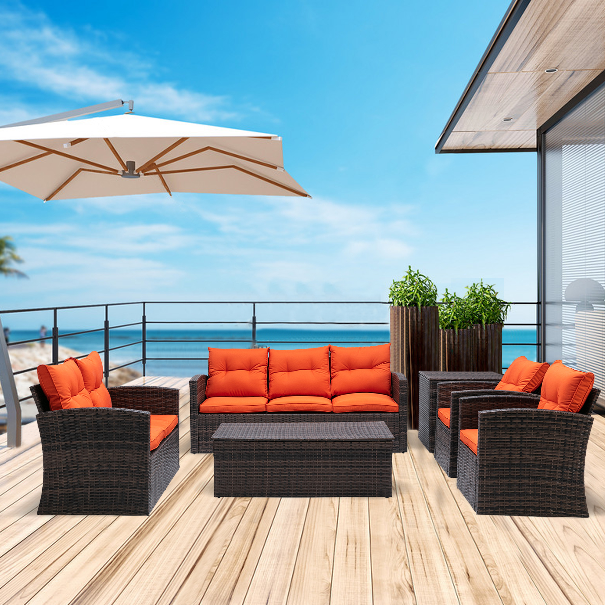 6 PCS Rattan Sectional Set and Table with Storage in Brown, Orange Cushions-Boyel Living