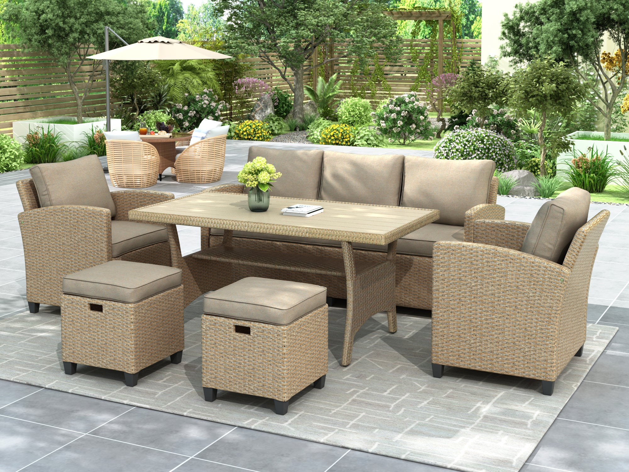 6-Piece Outdoor Rattan Wicker Set Patio Garden Backyard Sofa, Chair, Stools and Table-Boyel Living