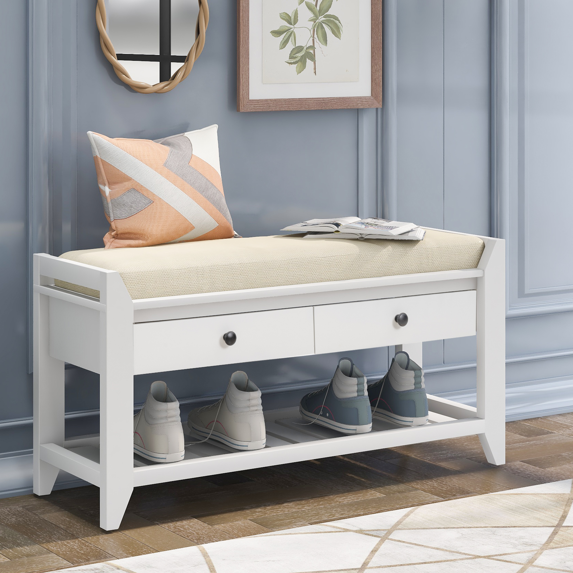 Shoe Rack with Cushioned Seat and Drawers, Multipurpose Entryway Storage Bench, White-Boyel Living