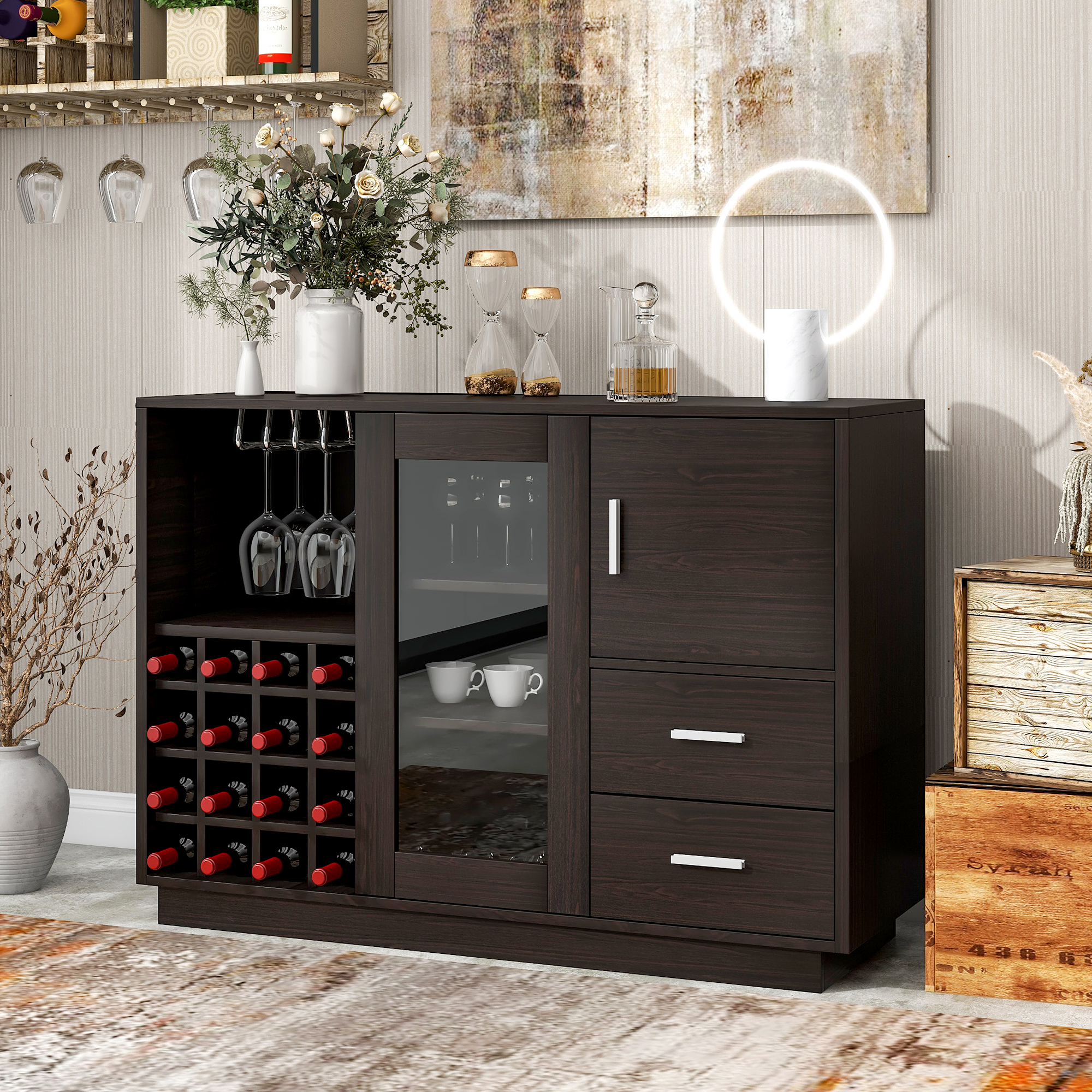 Kitchen Functional Sideboard with Glass Sliding Door and Integrated 16 Bar Wine Compartment, Wineglass Holders (Espresso)-Boyel Living