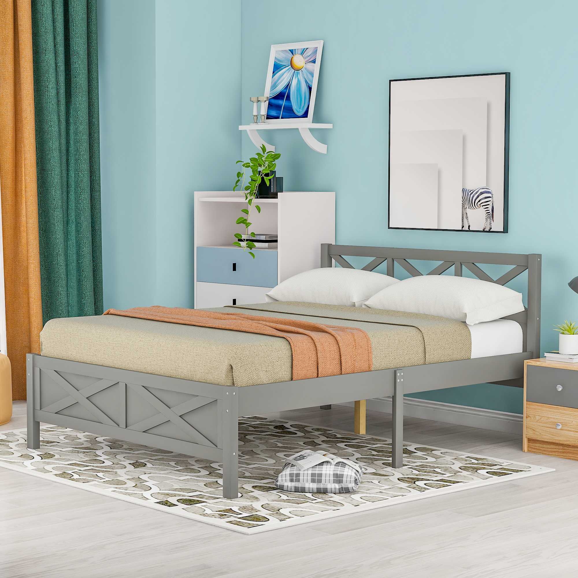 Queen Size Wooden Platform Bed with Extra Support Legs, X-shaped Frame, Gray（New）-Boyel Living