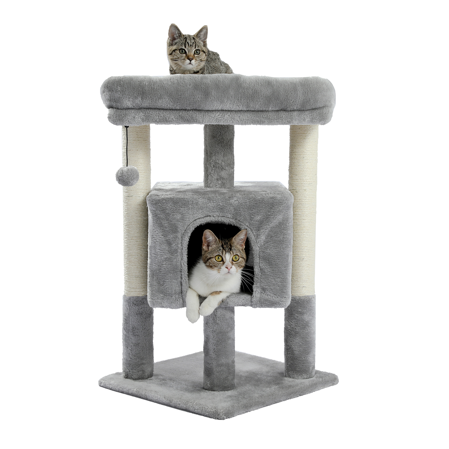 28.4 Inches Small Cat Tree for Indoor Cats Polyester Plush Cat Tower with Beige Condos, Spacious Perch,Scratching Sisal Posts Plush-covered posts and Replaceable Dangling Balls Gray-Boyel Living