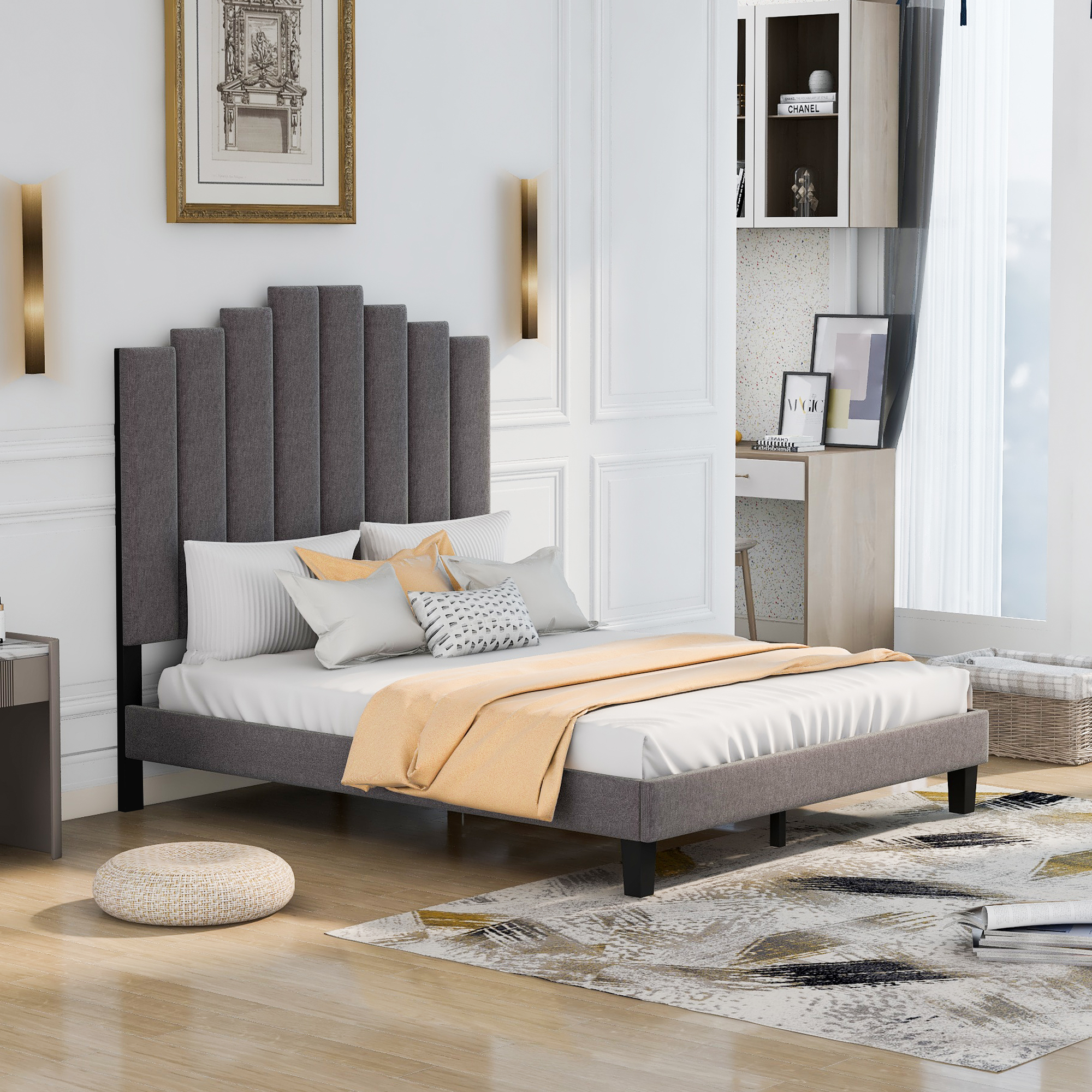 Upholstered Platform Bed with Soft Headboard and Sturdy Slat Support Legs,No Box Spring Needed,Queen,Gray-Boyel Living