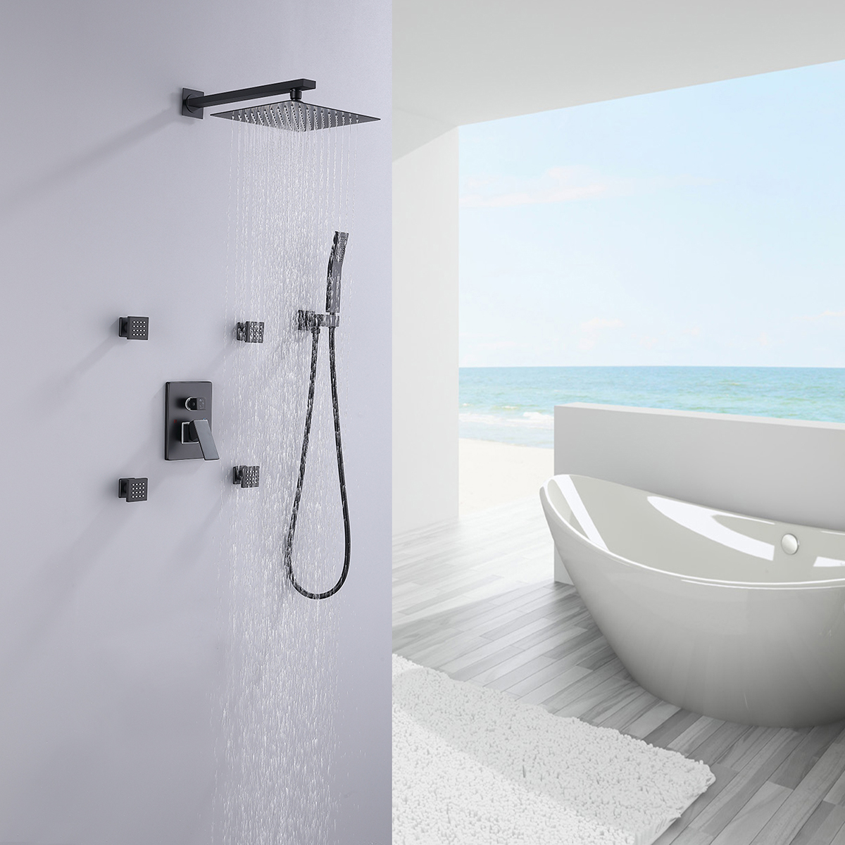 Matte Black Waterfall Wall Mount Shower System with Handheld and 4 Side Spray-Boyel Living
