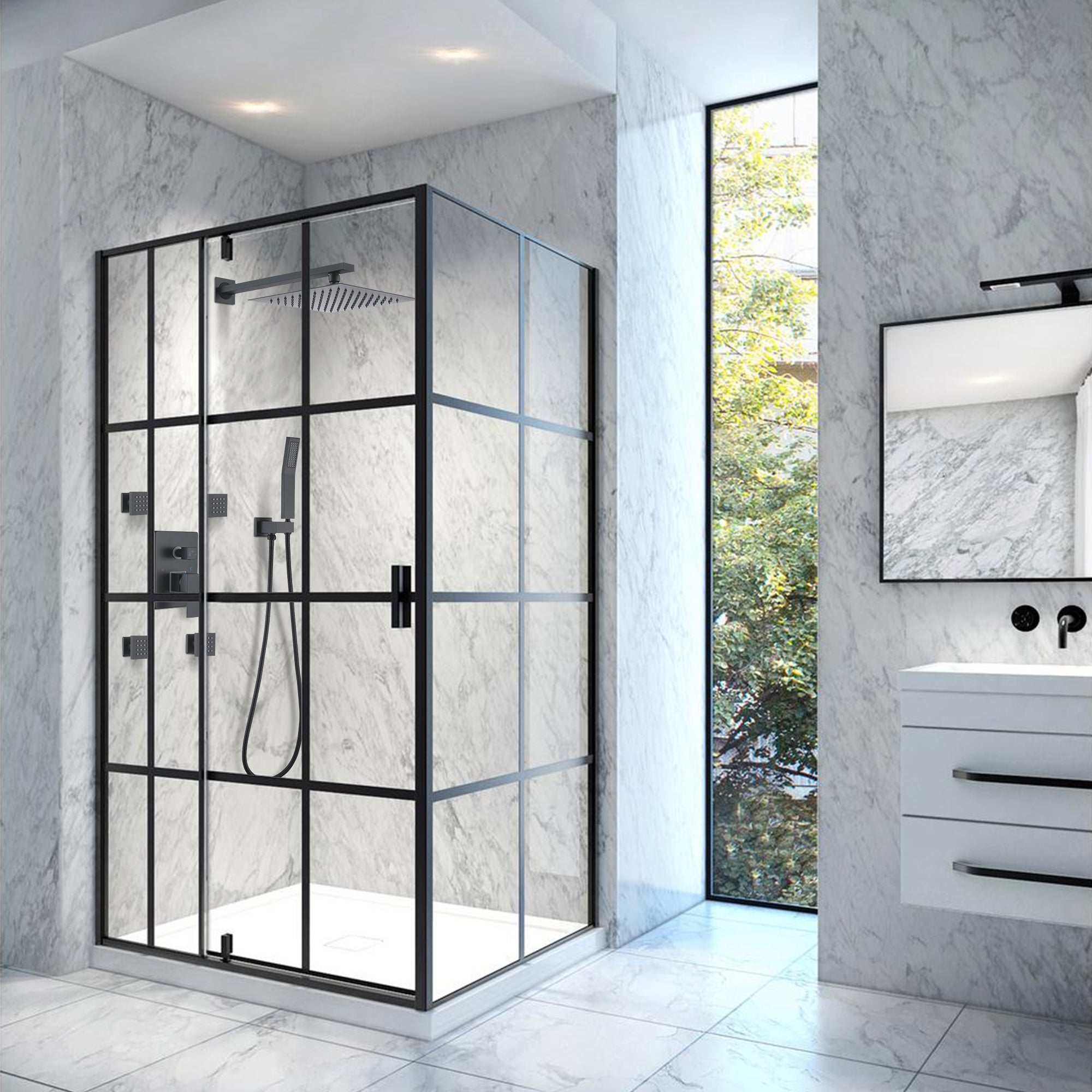 Boyel Living 10 in. Rainfall Top Spray Wall Mount Shower Head Set with 4 Massage Side Spray in Matte Black-Boyel Living