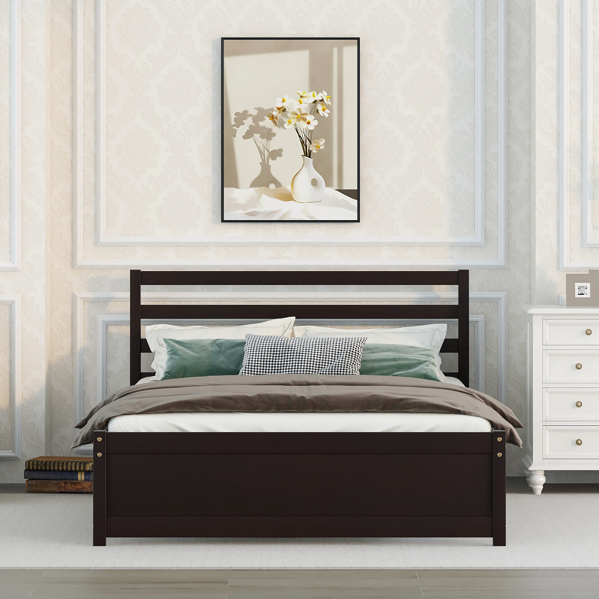Full  Size Wood Platform Bed Frame with Headboard for espresso color