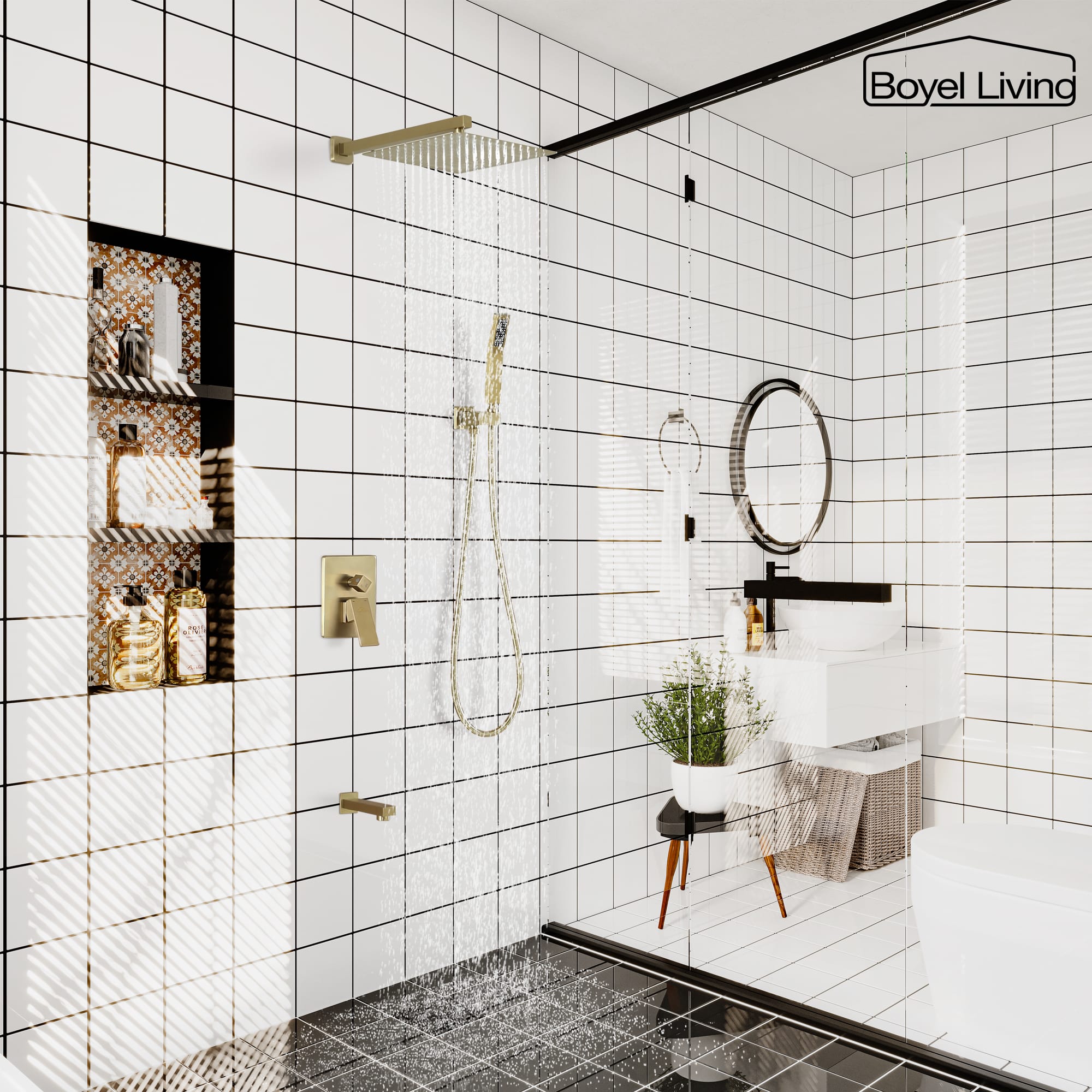 Boyel Living Wall Mounted Shower System with 12 in. Rainfall Shower Head, Handheld Shower and Tub Faucet-Boyel Living