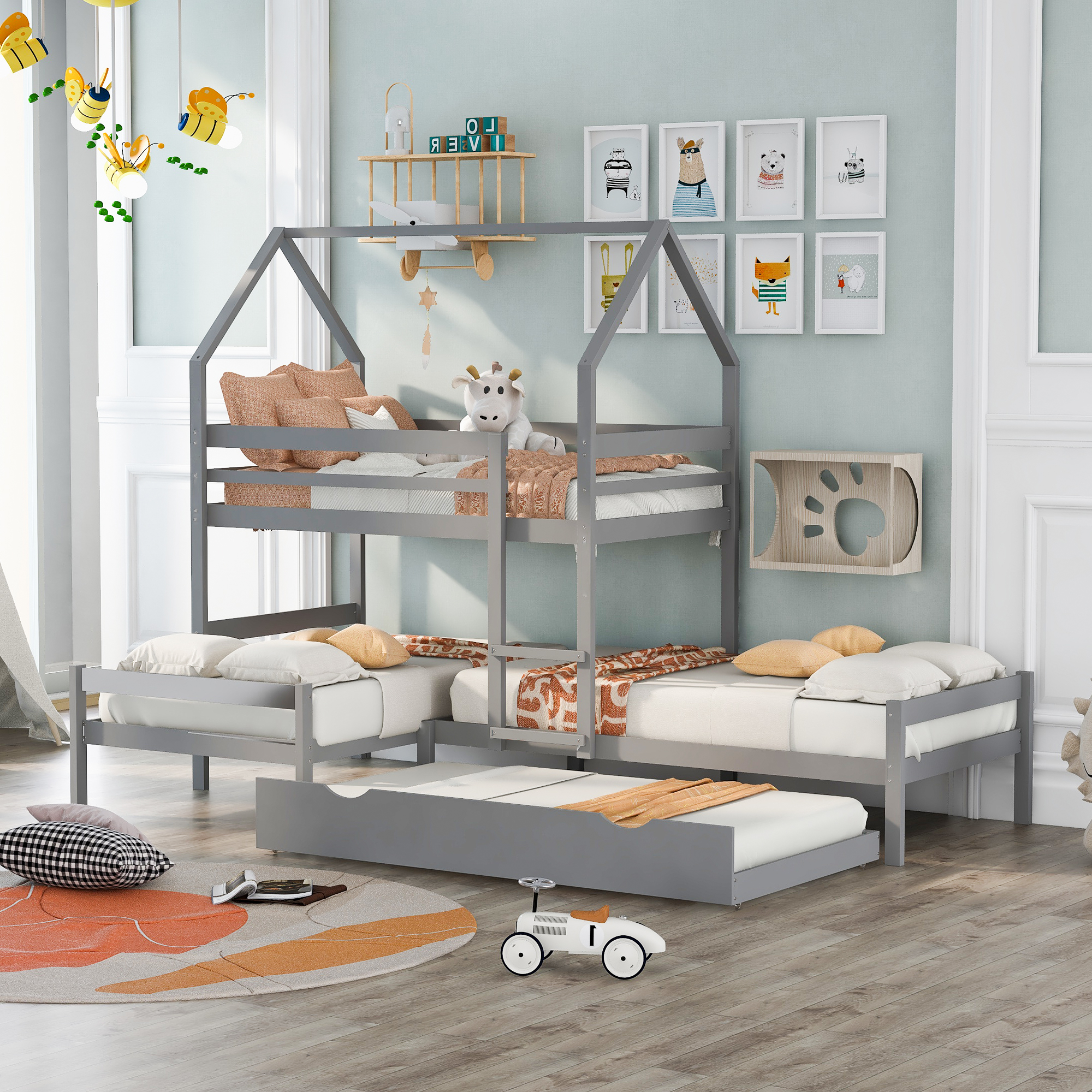 Triple Bed Twin over Twin over Twin Triple Bed Bunk bed with Trundle, Wooden House Bed with Twin size Trundle - Gray(Old SKU: LP000079AAE)-Boyel Living