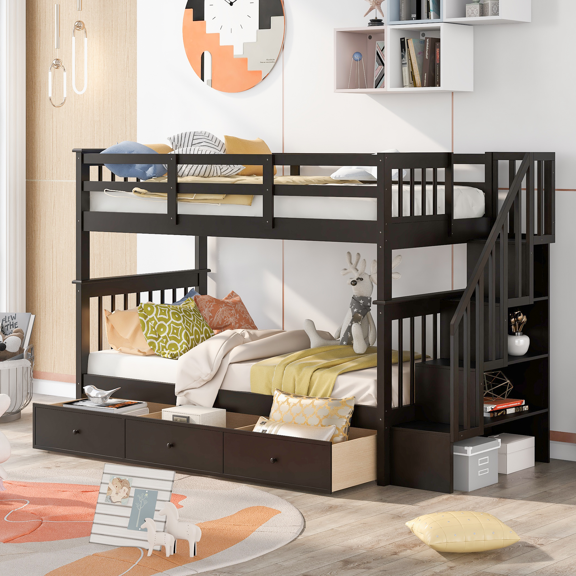 Stairway Twin-Over-Twin Bunk Bed with Three Drawers for Bedroom, Dorm - Espresso(Old sku: LP000309AAP)-Boyel Living