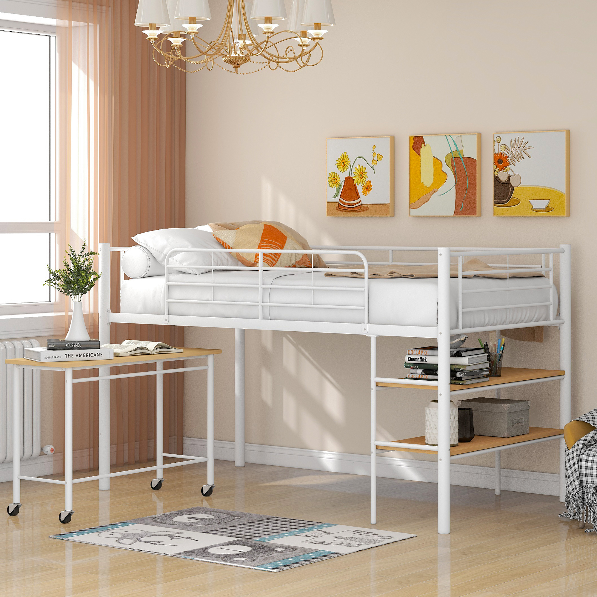 Twin Size Metal Loft Bed with Desk and Shelves,White-Boyel Living