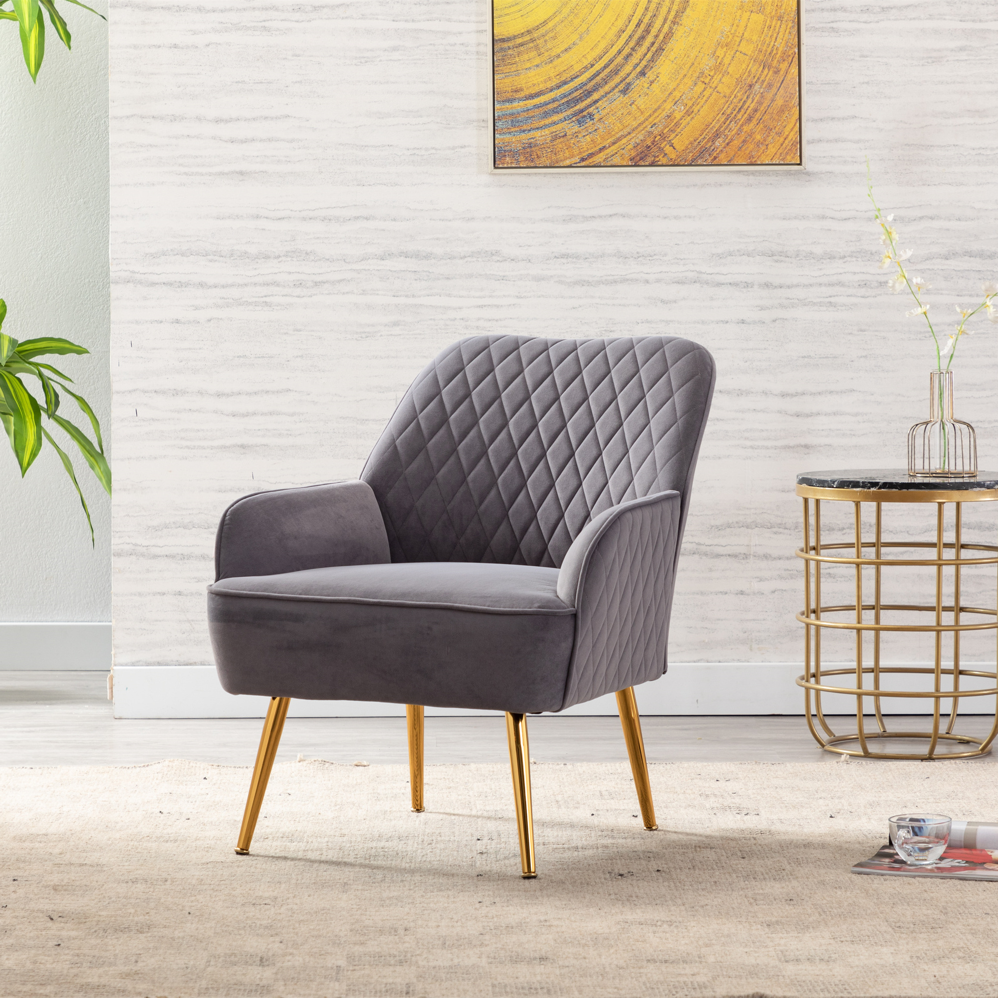 Modern Soft Velvet Material Dark Green Ergonomics Accent Chair Living Room Chair Bedroom Chair Home Chair With Gold Legs And Adjustable Legs For Indoor Home Grey-Boyel Living