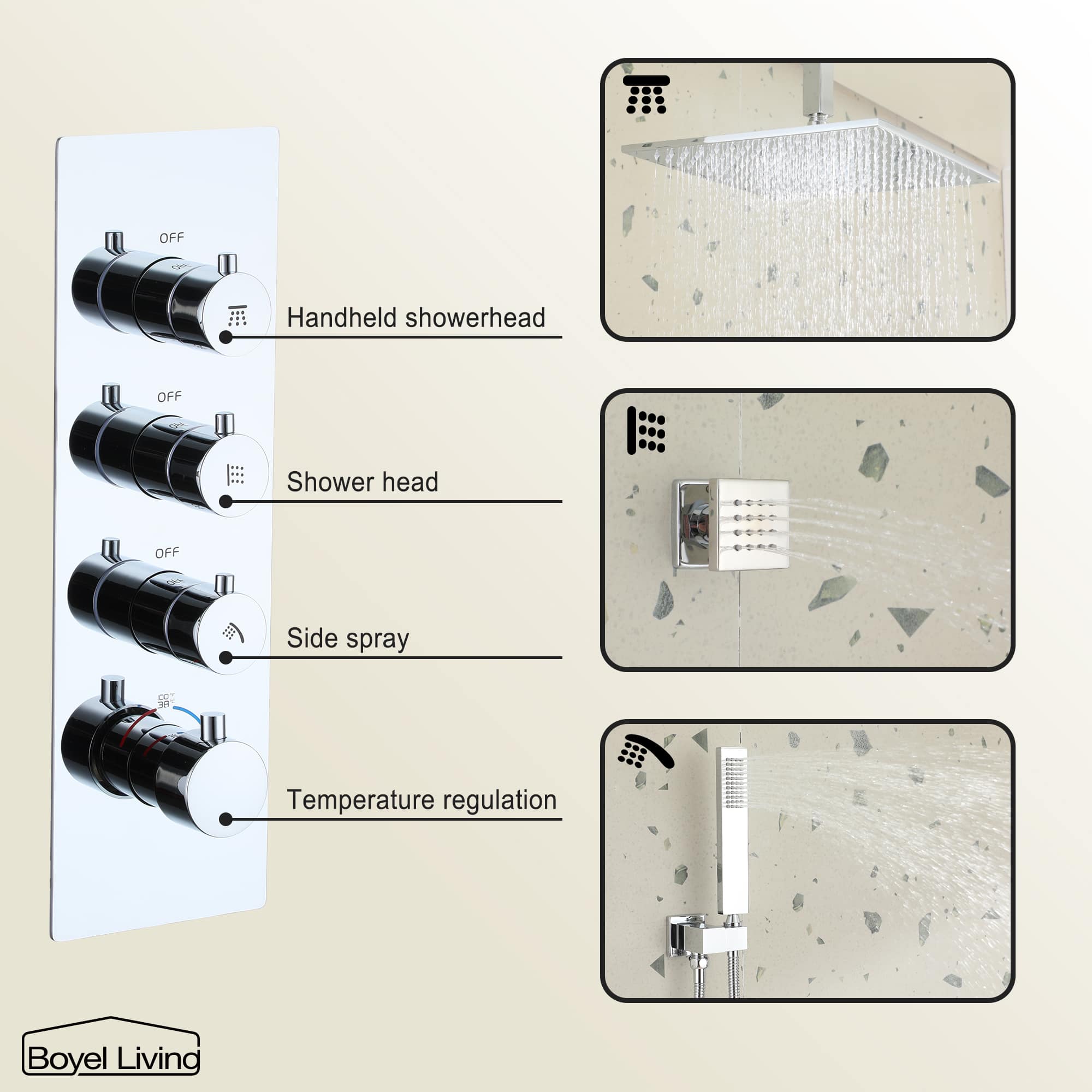 Boyel Living Luxury 6 Jets Thermostatic Shower System Combo Set with Ceiling Rainfall Shower Head and Handshower-Boyel Living