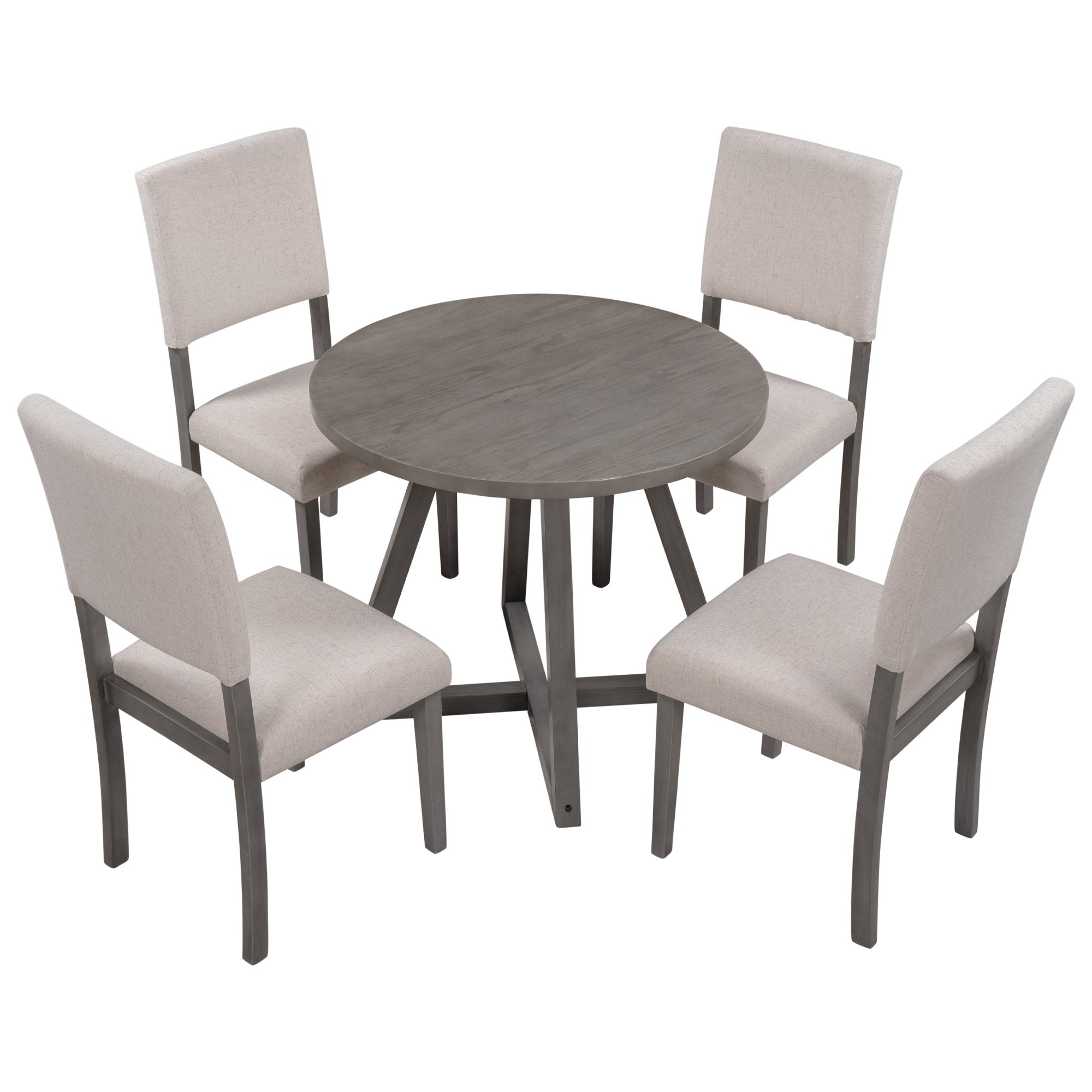 Mid-Century Wood 5-Piece Kitchen Dining Table Set with Round Table, 4 Upholstered Dining Chairs for Small Places, Gray Table + Beige Chair-Boyel Living