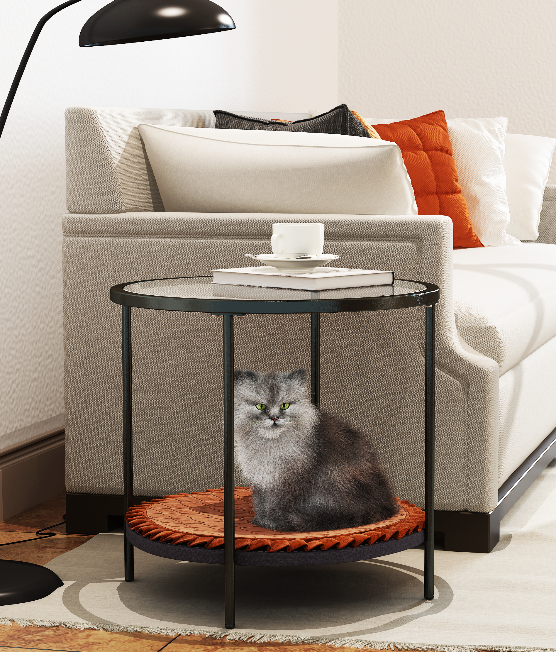 coffee table share with pets（Provide pet mat）, Net cloth tempered glass tabletop&nbsp;coffee table,multi-function&nbsp;easy assembly minimalist creative metal tea table,cat and dog kennel/appliance-Boyel Living
