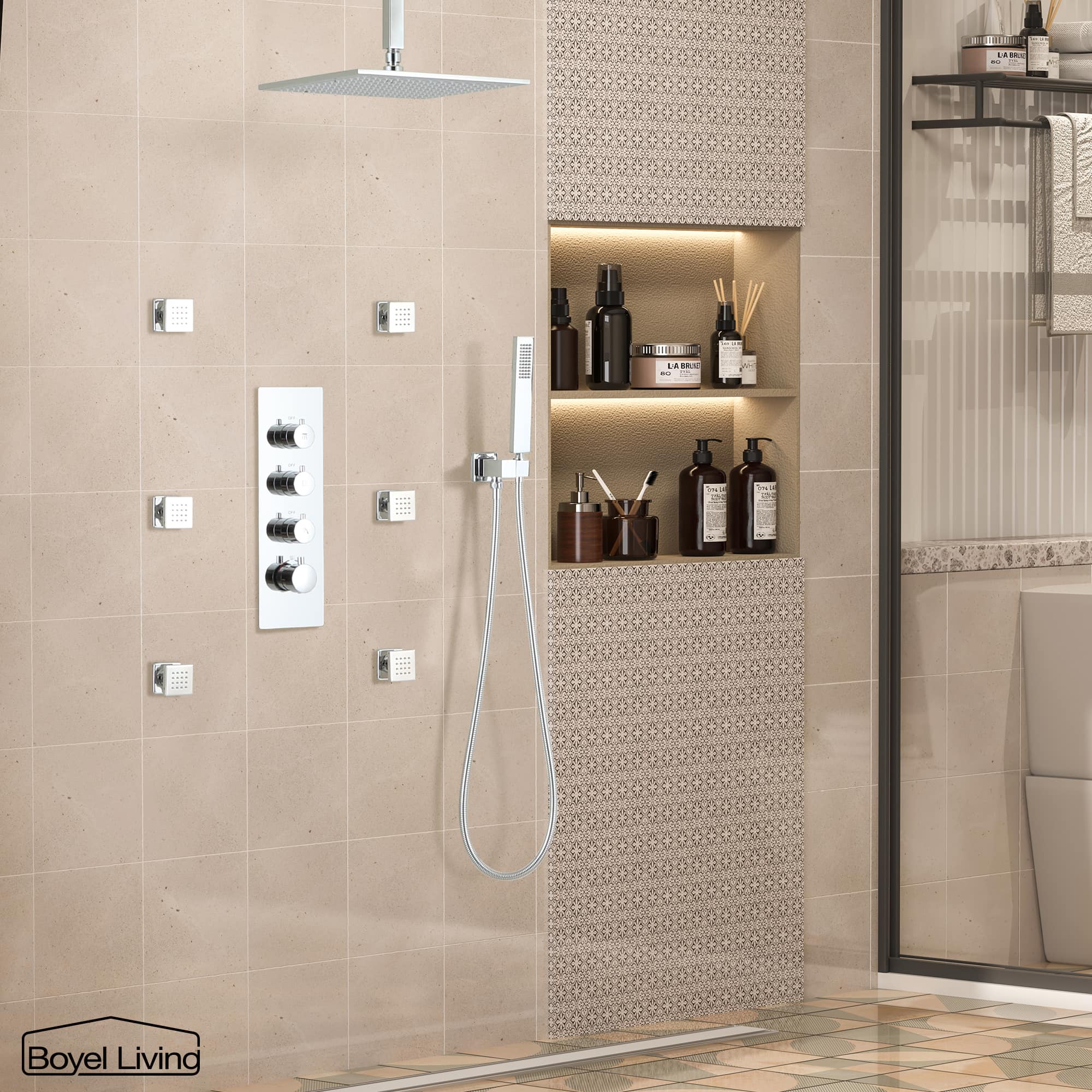 Boyel Living Luxury 6 Jets Thermostatic Shower System Combo Set with Ceiling Rainfall Shower Head and Handshower-Boyel Living