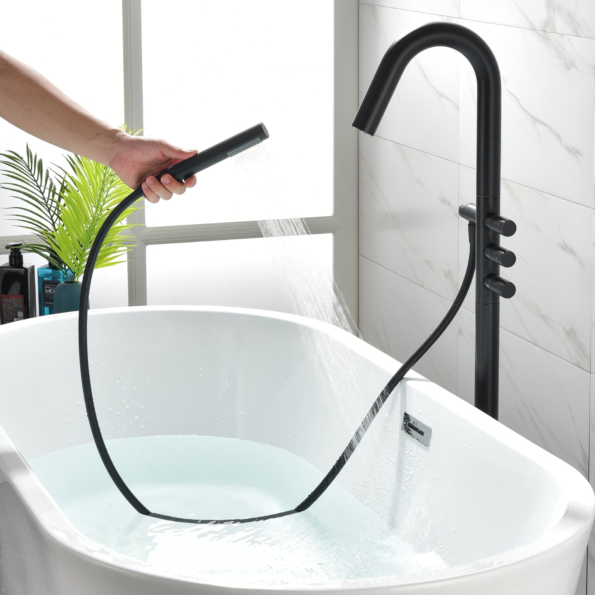 Boyel Living Freestanding Floor Mount 3-Handle Bath Tub Filler Faucet with Handheld Shower and Water Supply Lines in Matte Black-Boyel Living