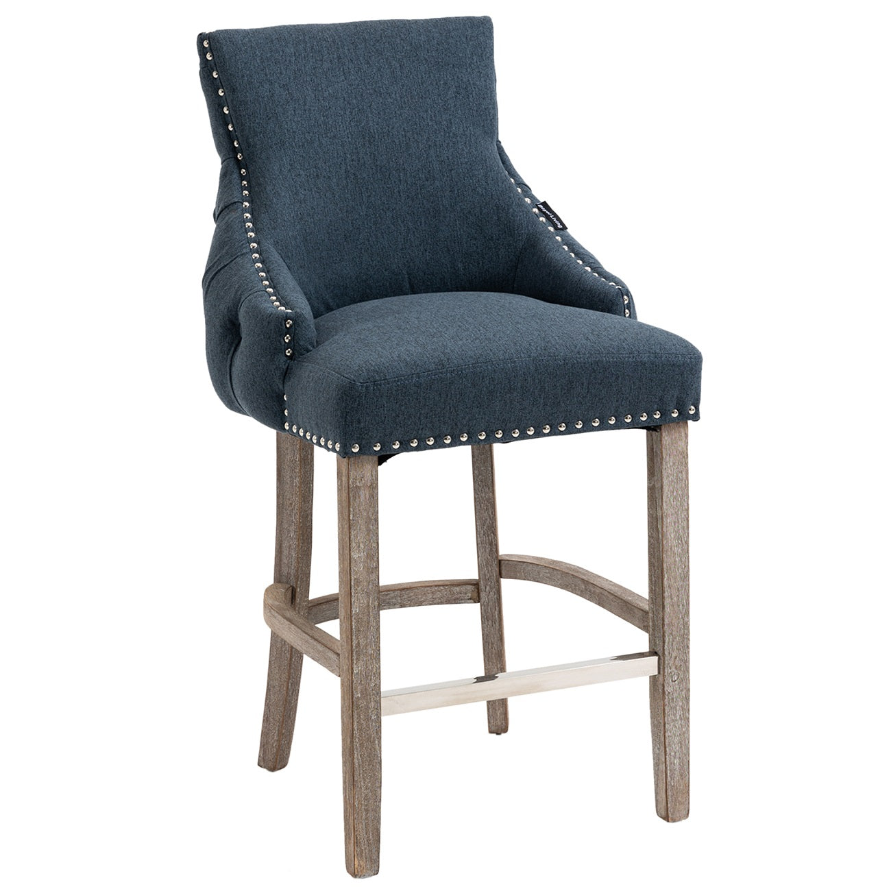 40 in. Dark Blue Linen Fabric Nailhead Tufted Bar Stool with 4 Solid Wood Legs, Set of 2-Boyel Living