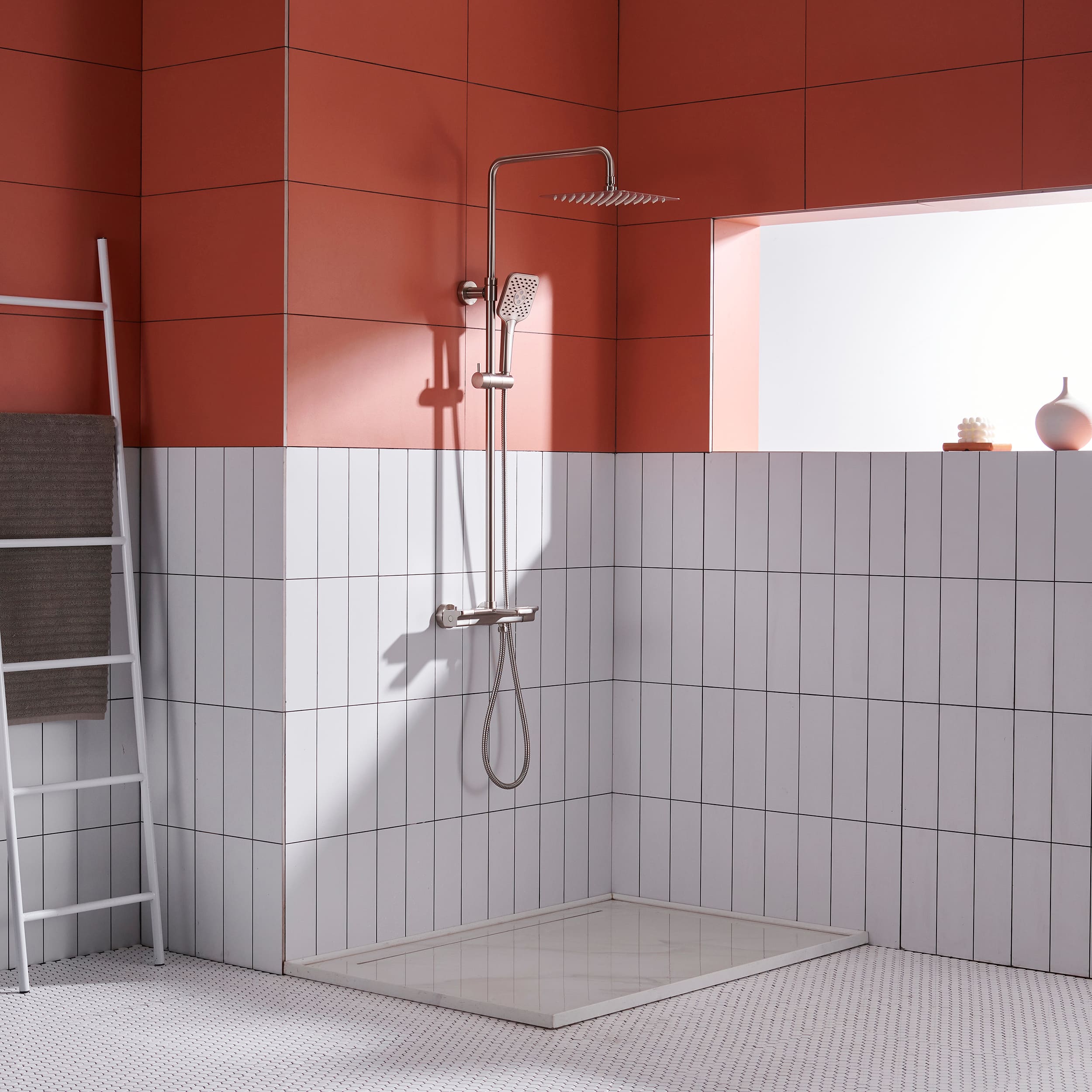 10 in. Wall Mount Thermostatic Rain Shower System with Handheld Shower and Tub Spout in Brushed Nickel-Boyel Living