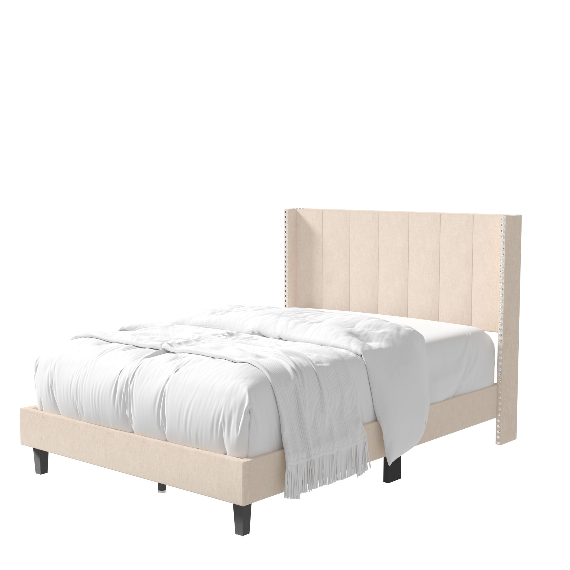 Bed Frame Set, Beds Headboard with Wings  Platform  Slats, Fabric/Full Size/Beige