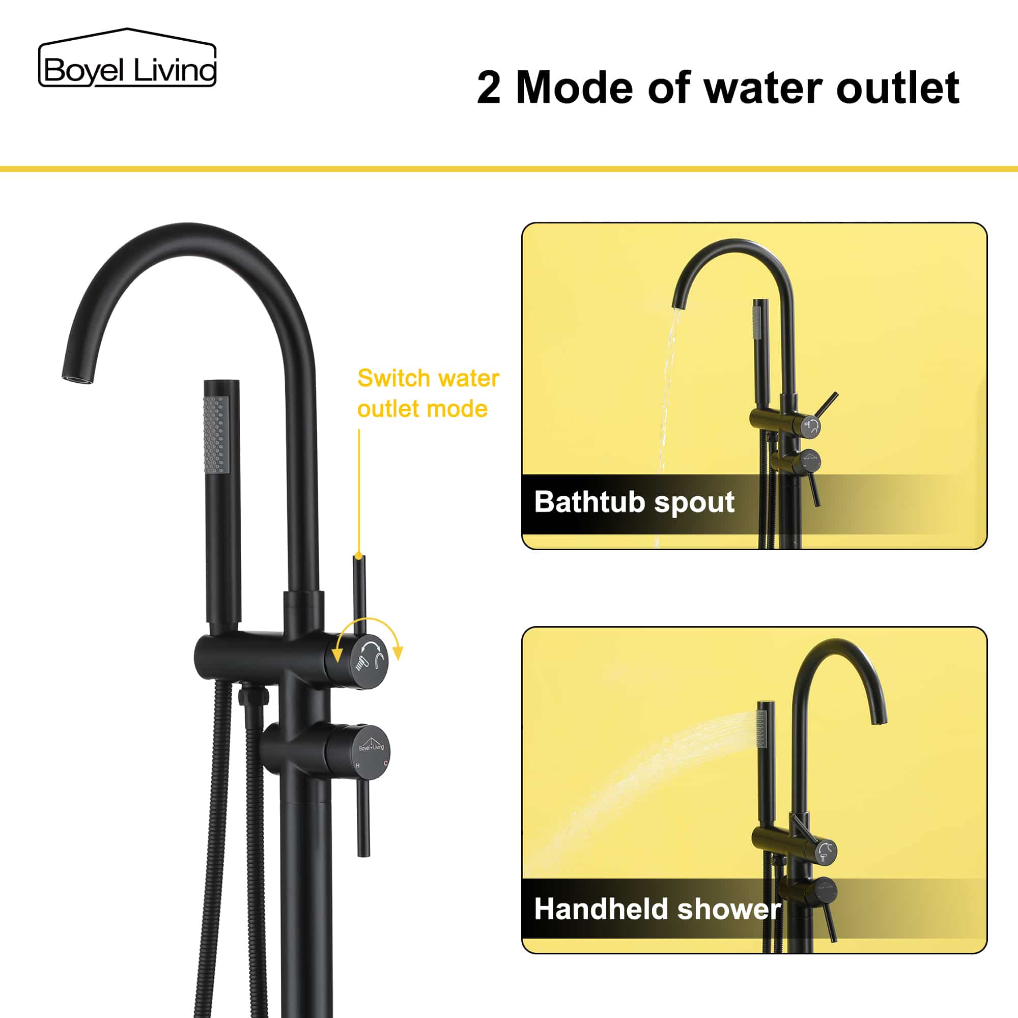 Boyel Living Freestanding Floor Mount 2-Handle Bath Tub Filler Faucet with Handheld Shower-Boyel Living