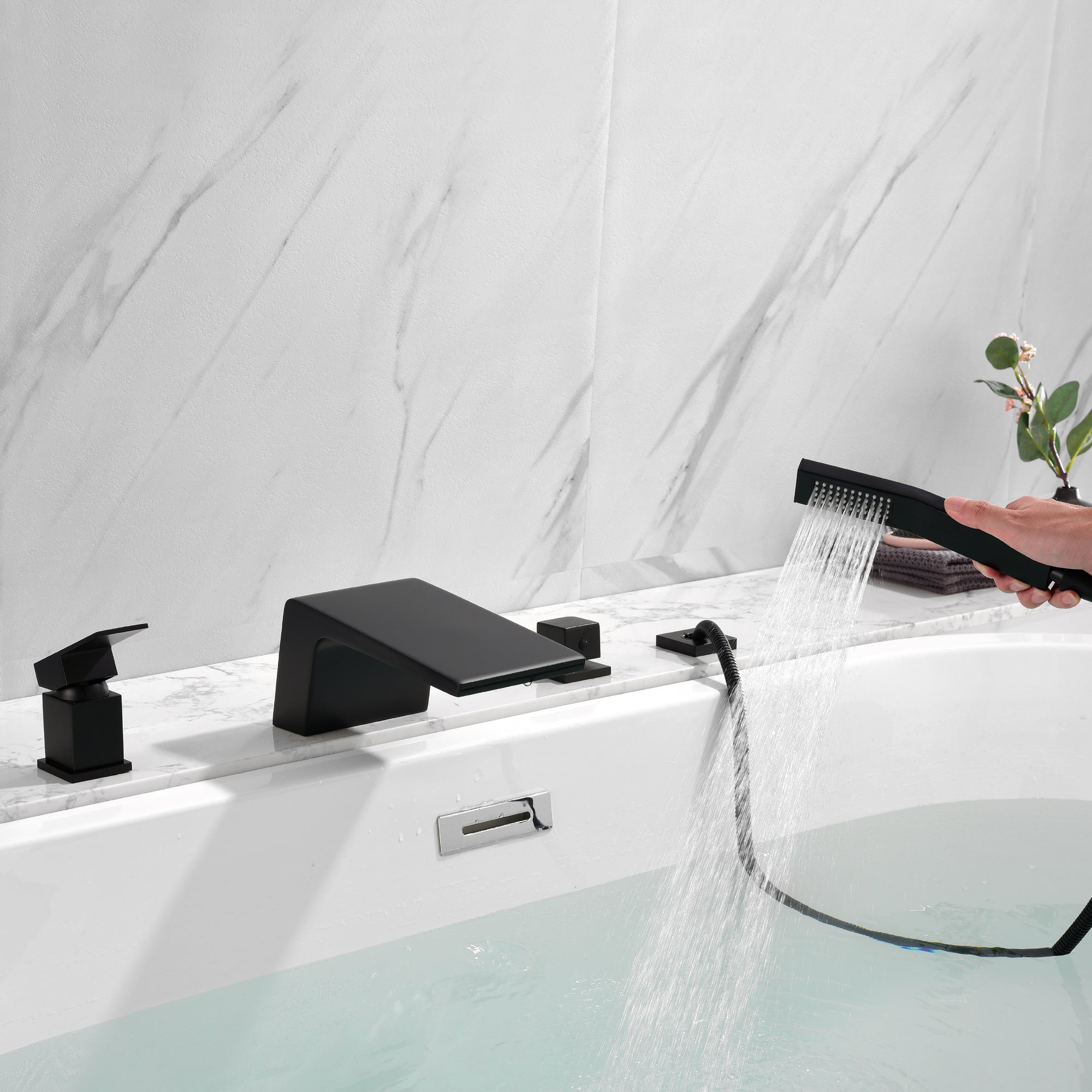 Boyel Living Tub Deck Mount Roman Bathtub Faucet with Hand Shower and Water Suply Hose-Boyel Living