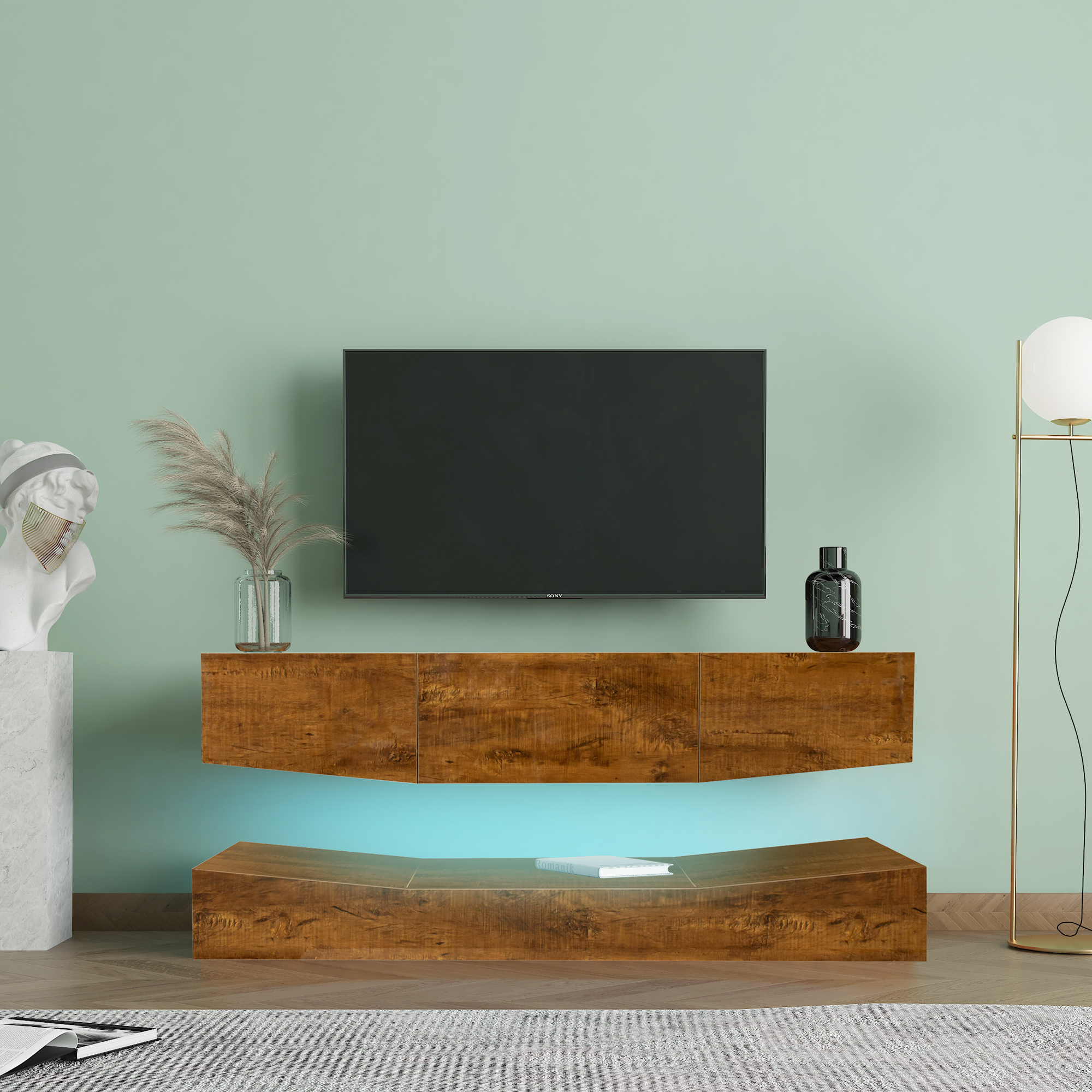 MDF UP And Down WALL-MOUNTED TV Cabinet With Three Drawers  LED Lights,Walnut-Boyel Living