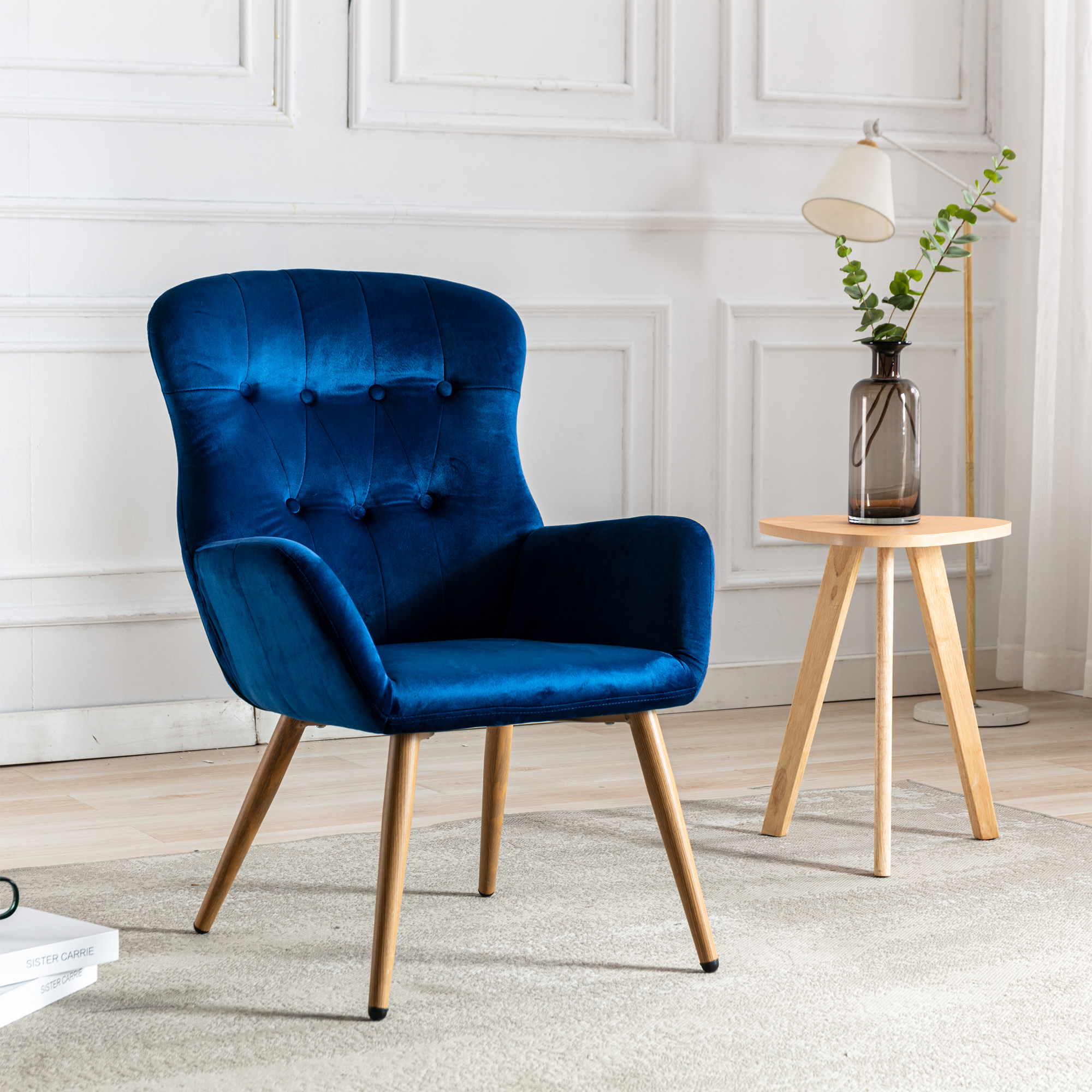 Hengming Accent Chair Modern Tufted Button Wingback Vanity Chair with Arms Upholstered Tall Back Desk Chair with Metal Legs for Living Room Bedroom Waiting Room(Blue)-Boyel Living
