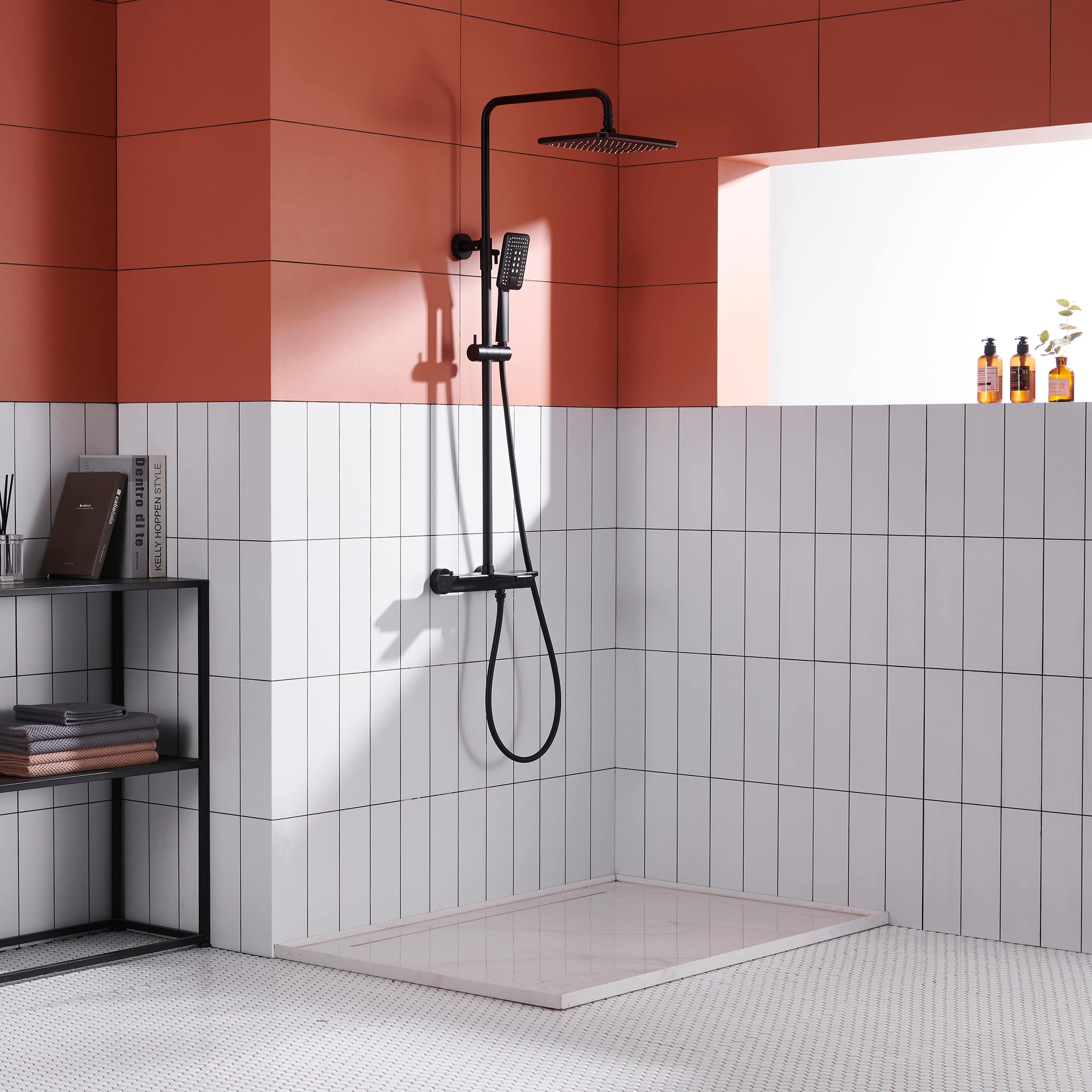 Wall Mount Thermostatic Rain Shower System with Handheld Shower and Tub Spout in Matte Black-Boyel Living