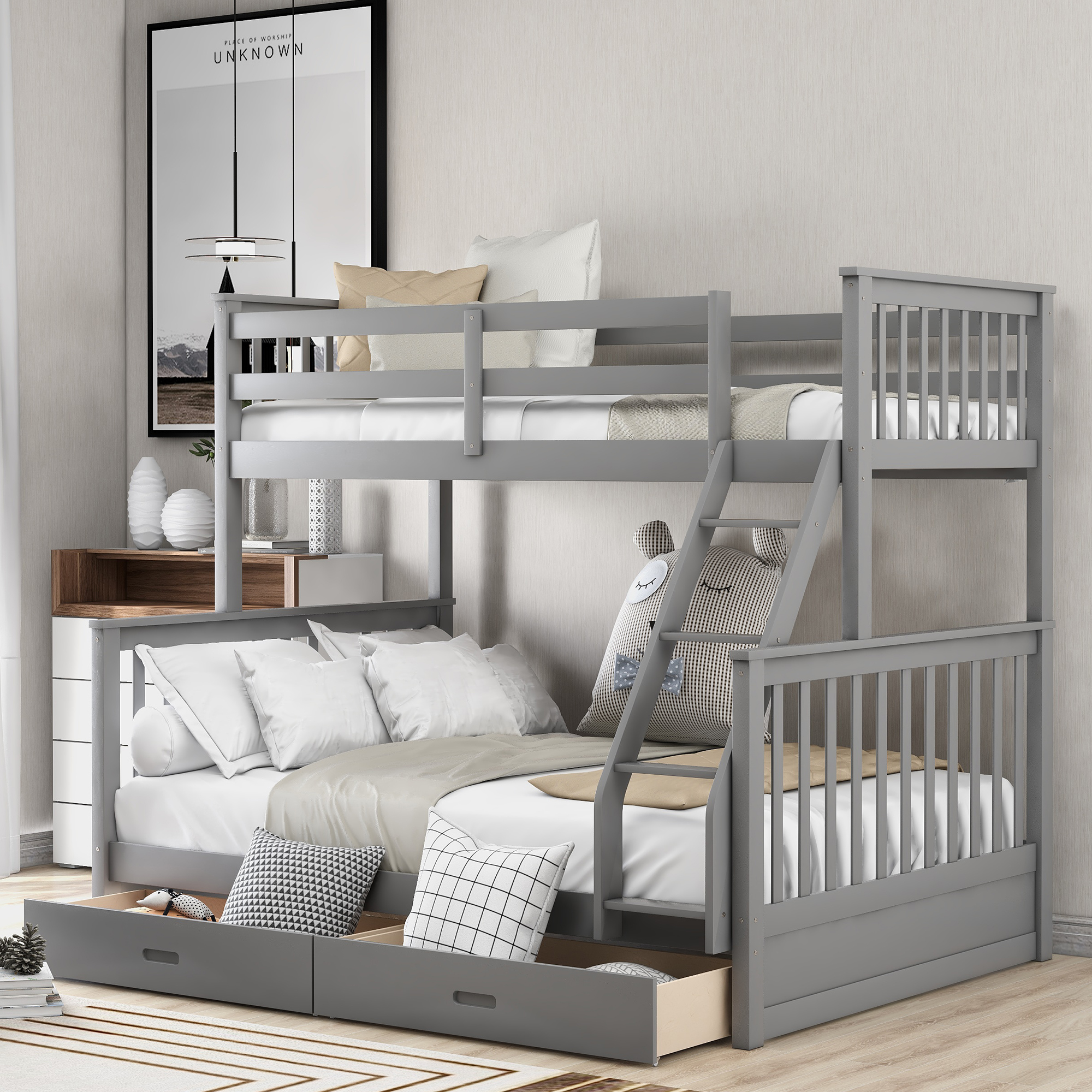Twin-Over-Full Bunk Bed with Ladders and Two Storage Drawers(Gray)( old sku: LP000065EAA )-Boyel Living