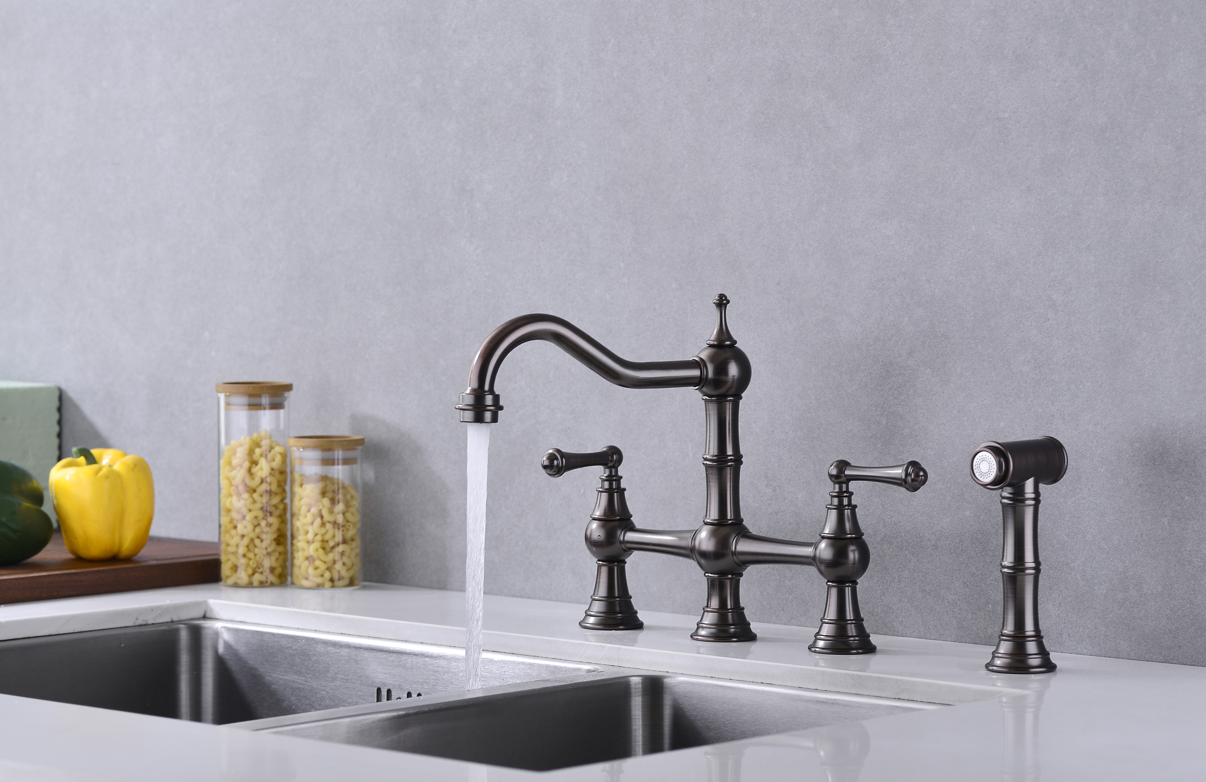  Double Handle Bridge Kitchen Faucet with Brass Side Sprayer in Bronze, 4-Holes Kitchen Faucet