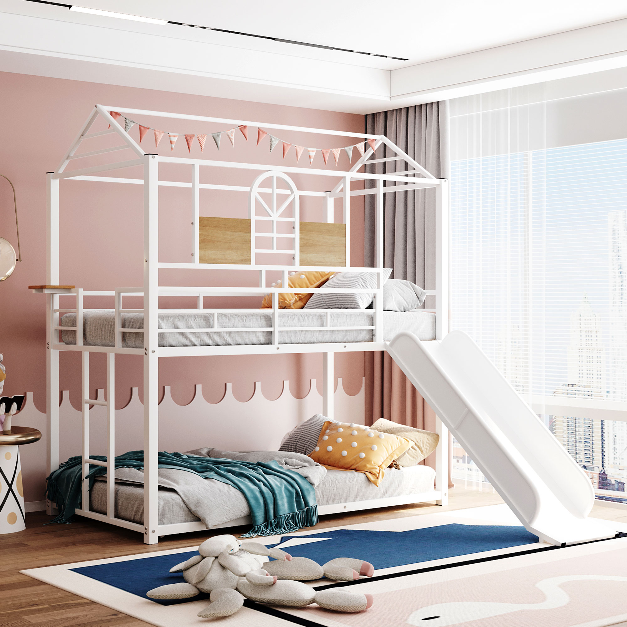 Twin Over Twin Metal Bunk Bed ,Metal Housebed With Slide,Three Colors Available.(White with White  Slide)(OLD SKU :LP000095AAK)-Boyel Living