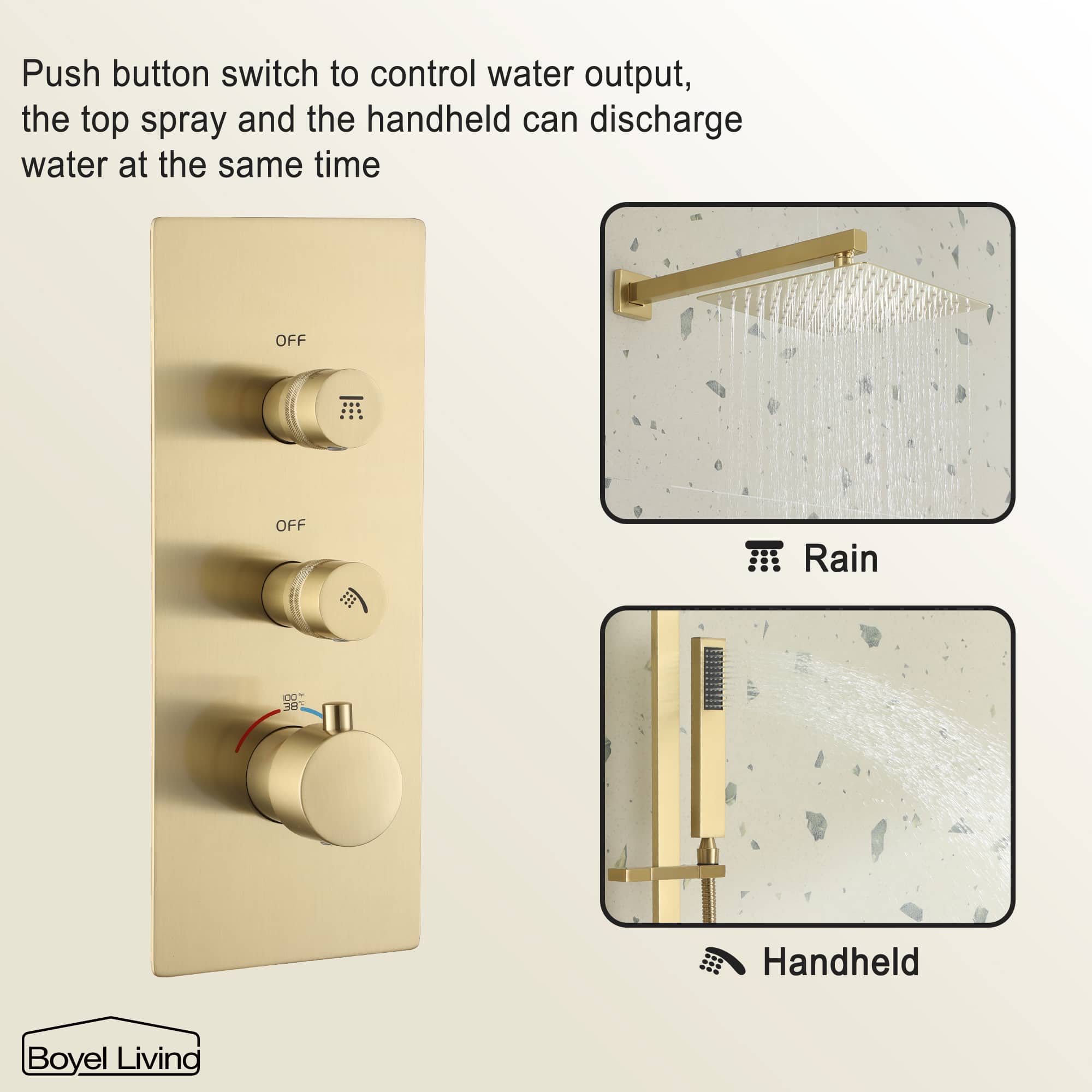 Boyel Living Wall-Mounted 2 GPM Bathroom Shower Faucets Set with Sliding Bar, 10-Inch Square Rainfall Shower Head and Handheld Shower in Brushed Gold-Boyel Living