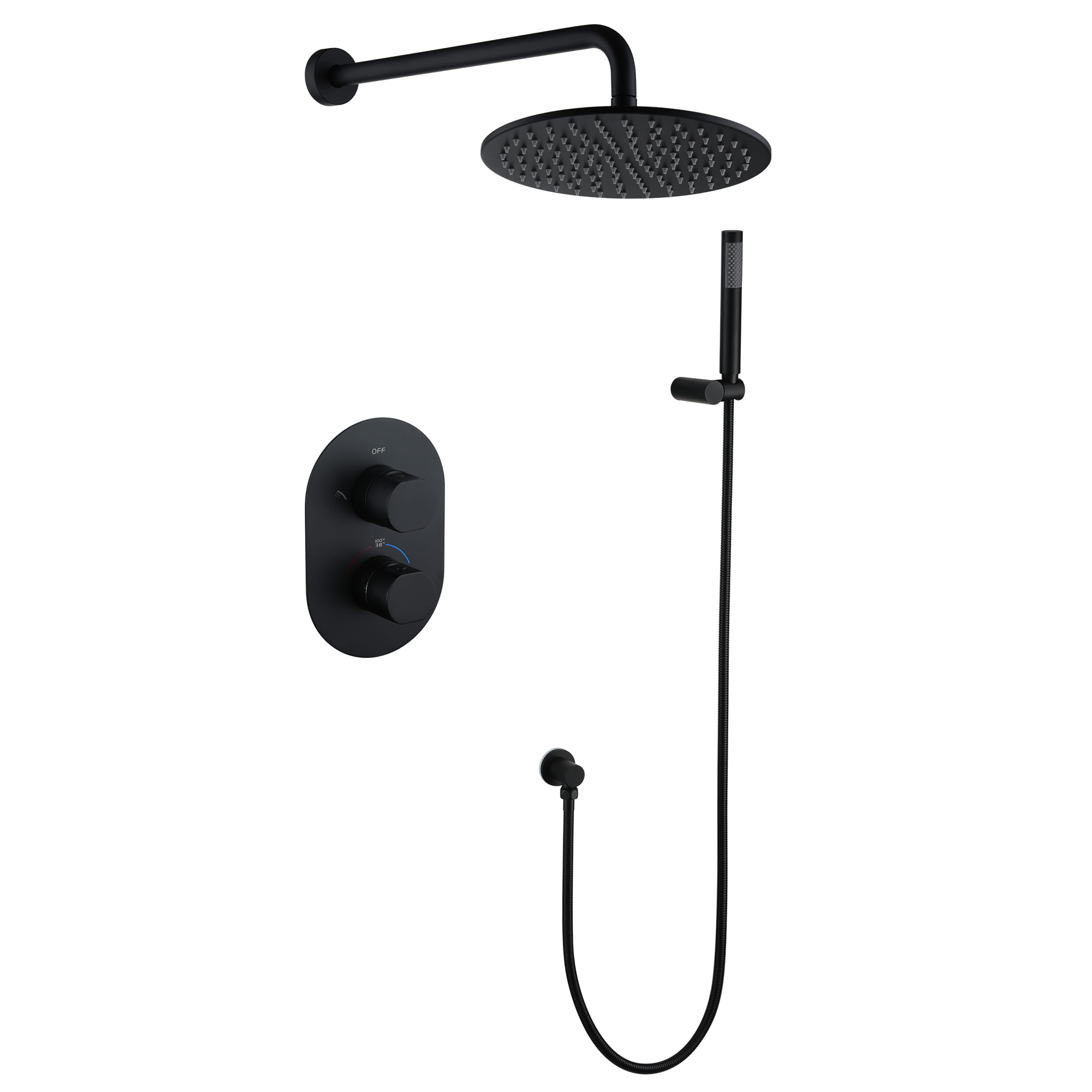 Wall-Mounted Round Bathroom Shower Faucets Set with 1.5GPM Handheld Shower in Matte Black