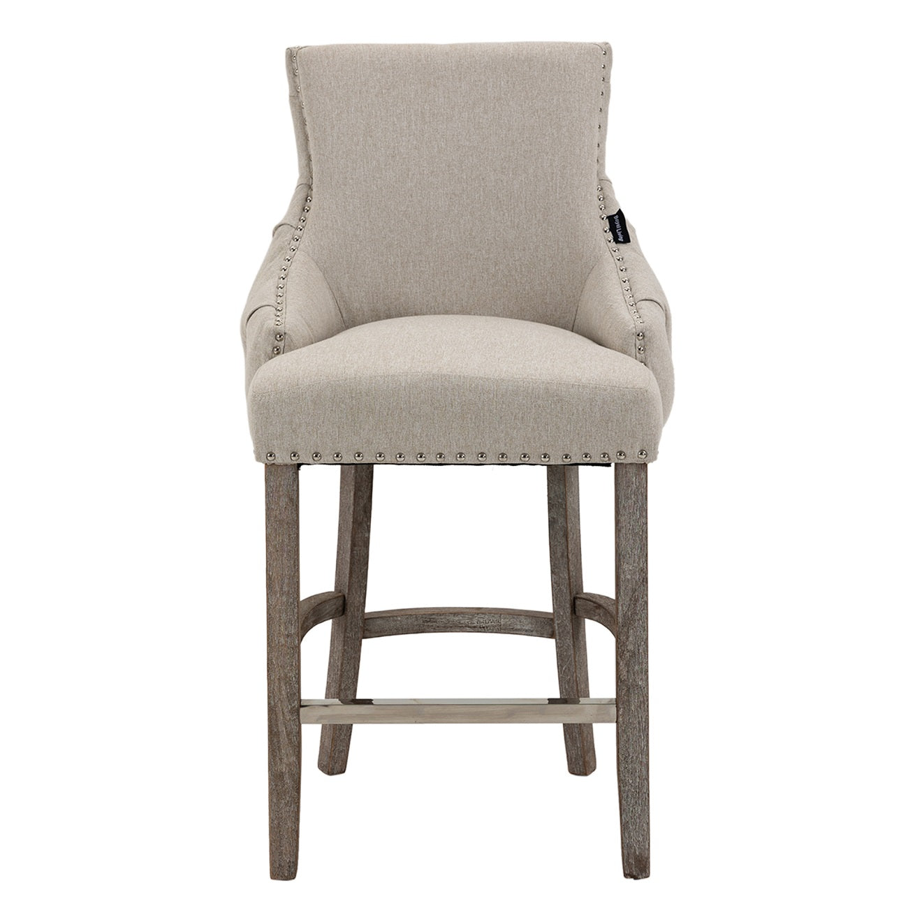 40 in. White Linen Fabric Nailhead Tufted Bar Stool with 4 Solid Wood Legs, Set of 2-Boyel Living