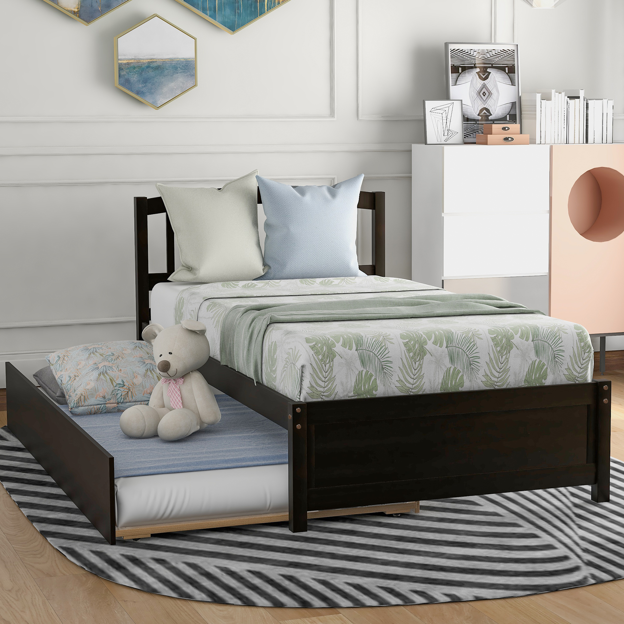 Twin size Platform Bed Wood Bed Frame with Trundle, Espresso-Boyel Living