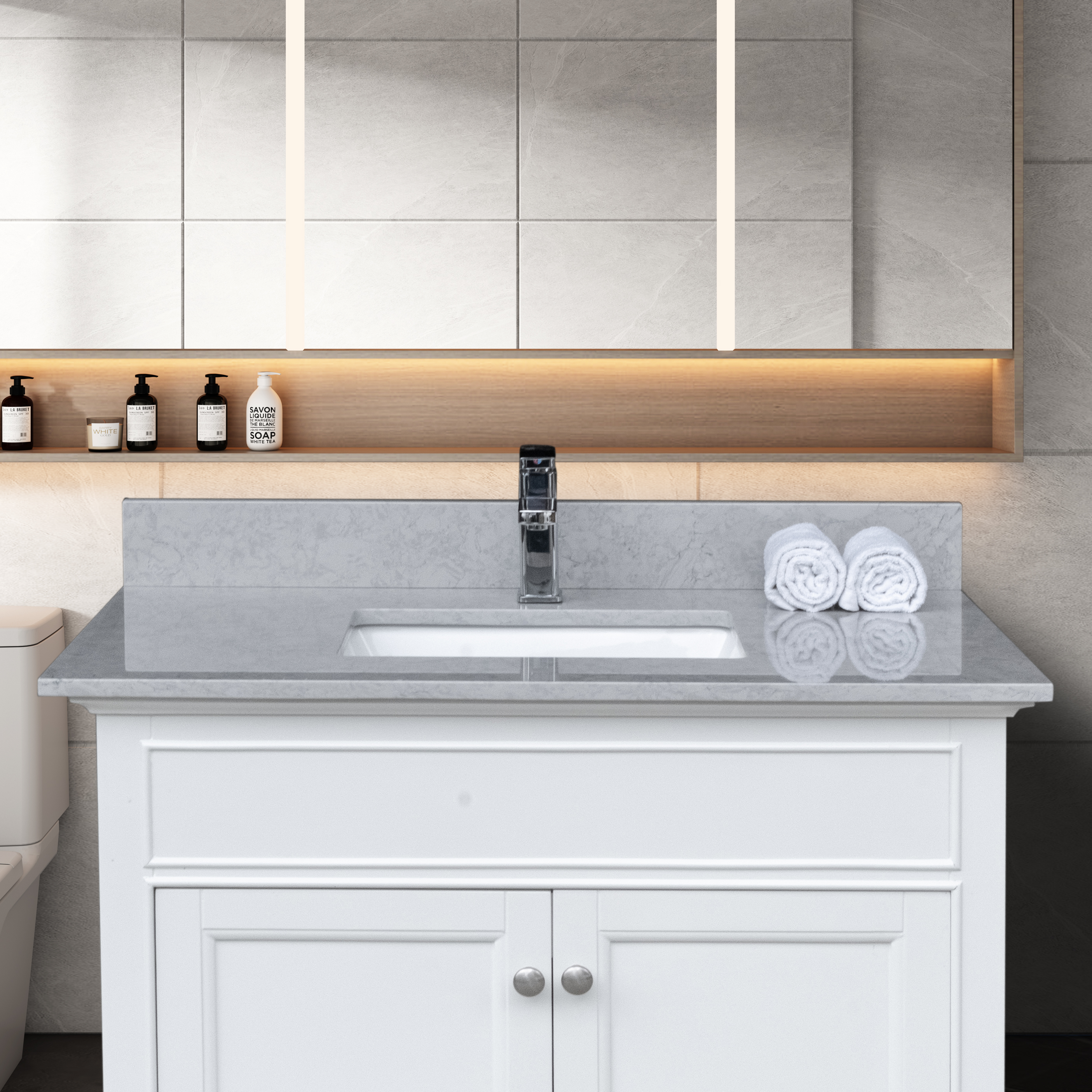 Montary 31 inches bathroom stone vanity top calacatta gray engineered marble color with undermount ceramic sink and single faucet hole with backsplash-Boyel Living