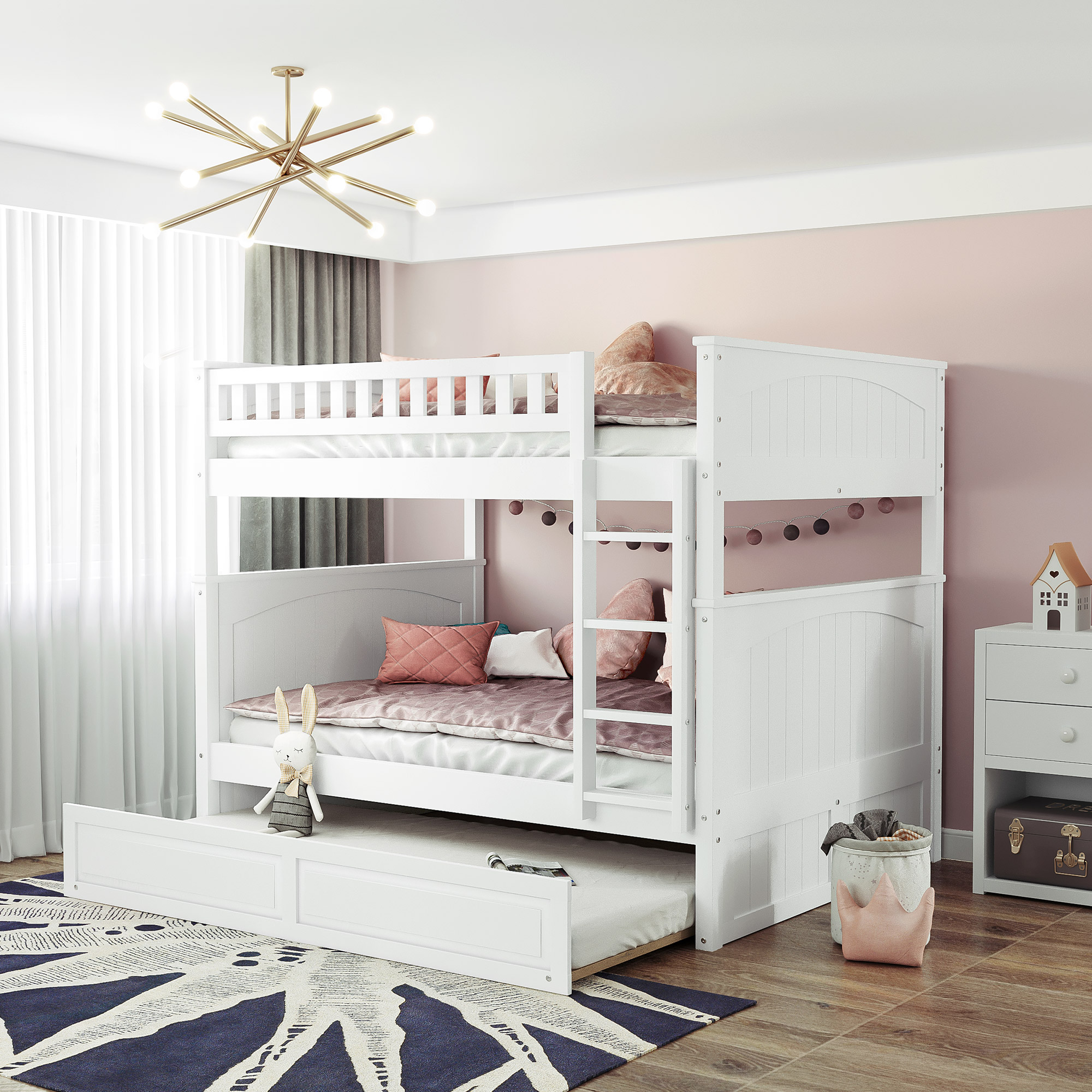 Full Over Full Bunk Bed with Twin Size Trundle, Pine Wood Bunk Bed with Guardrails, White （Old SKU:LP000044AAK）-Boyel Living