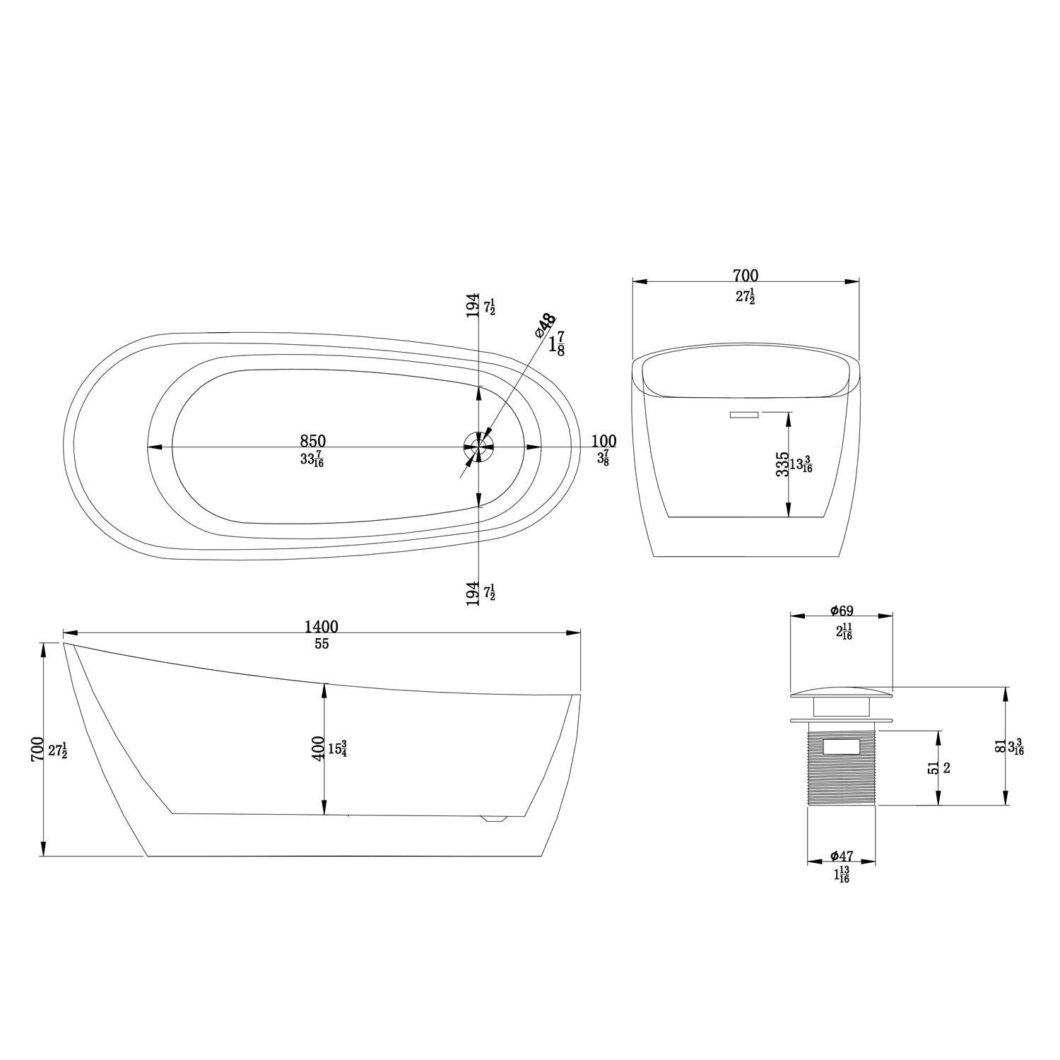 Freestanding Bathtub in Premium Quality 55"L x 27"H x 15"D(inch)