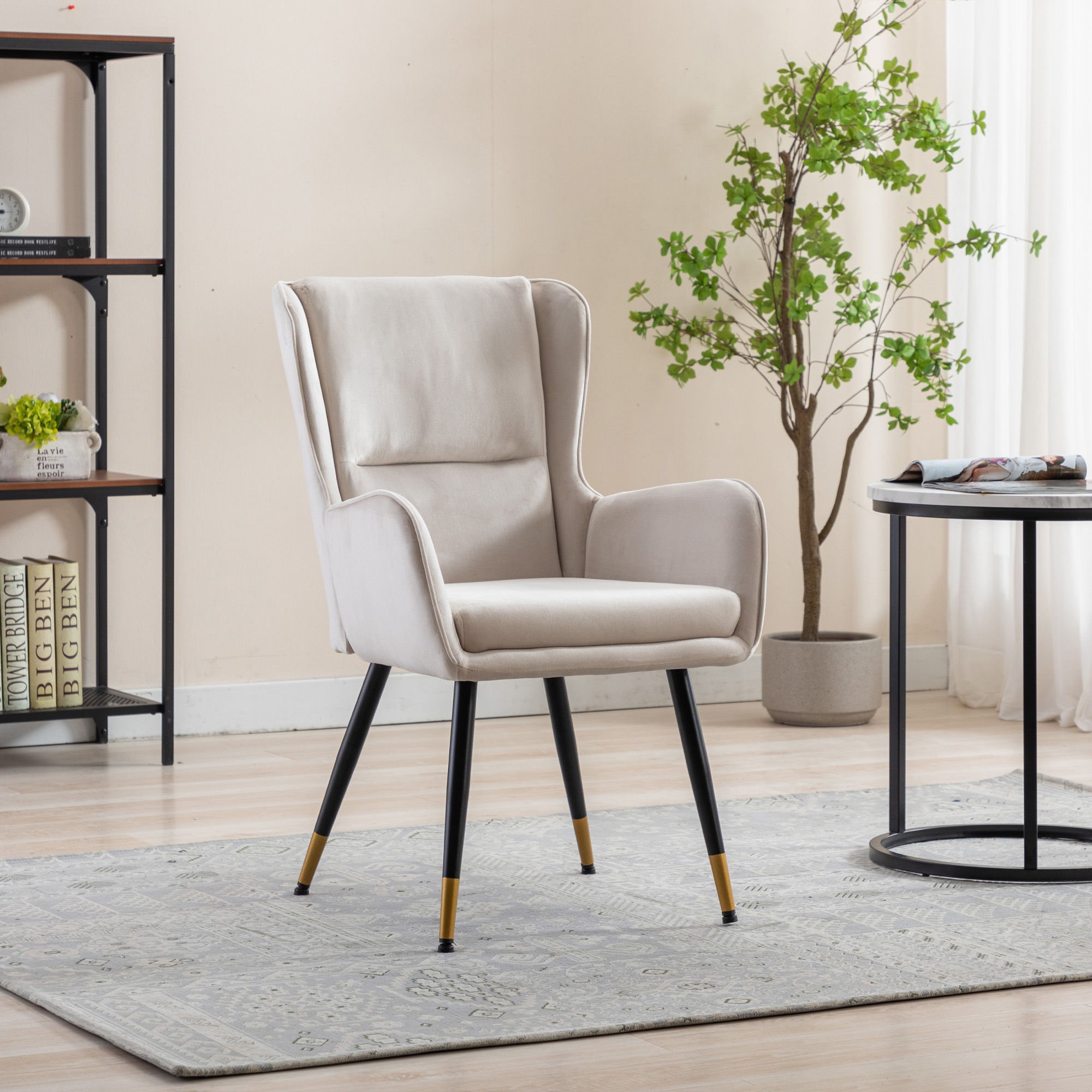 HengMing Velvet Accent Chair Comfy Arm Chair High Back for Bedroom/Living Room/Reading/Desk,Beige