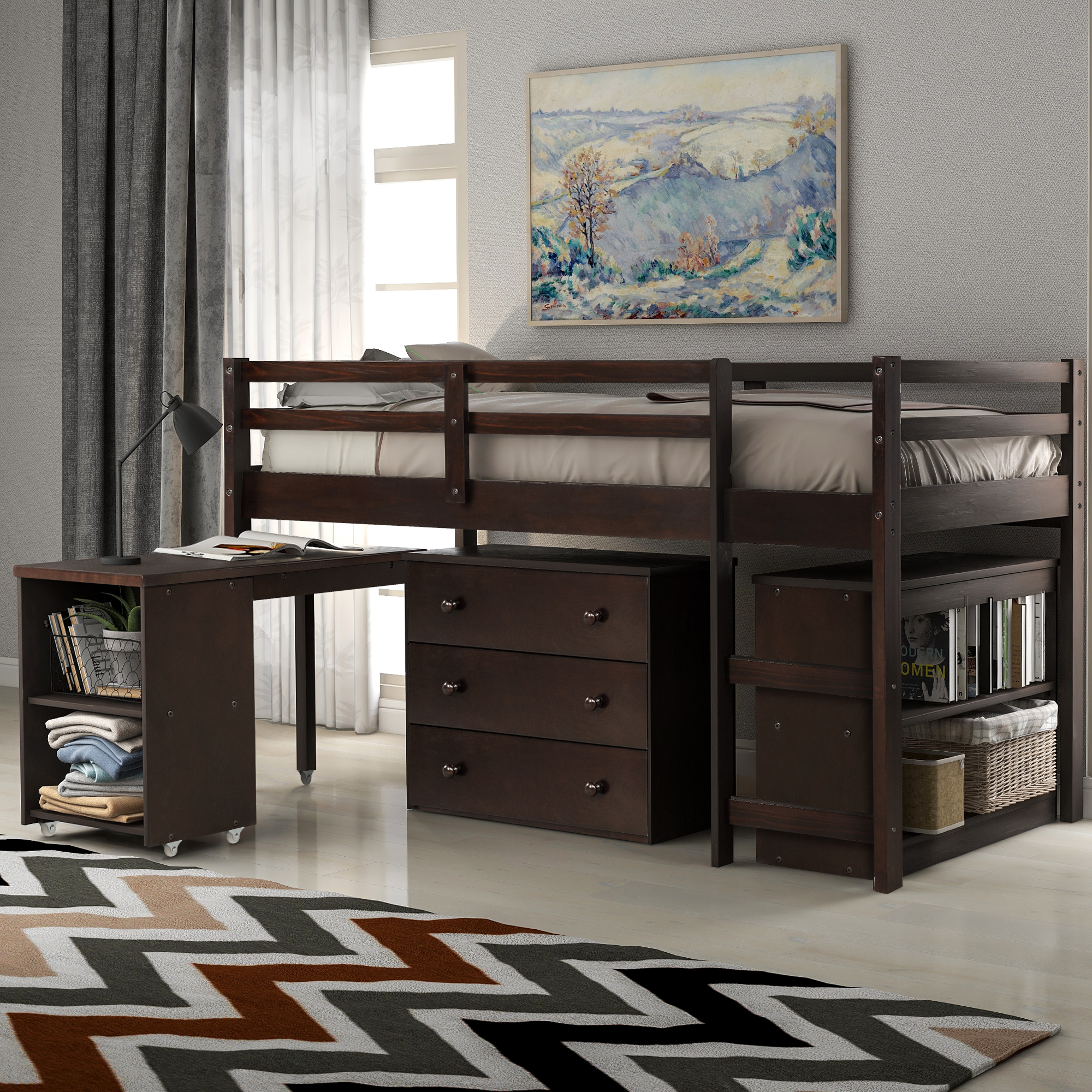 Low Study Twin Loft Bed with Cabinet and Rolling Portable Desk - Espresso (Old SKU: LP000003AAP)-Boyel Living