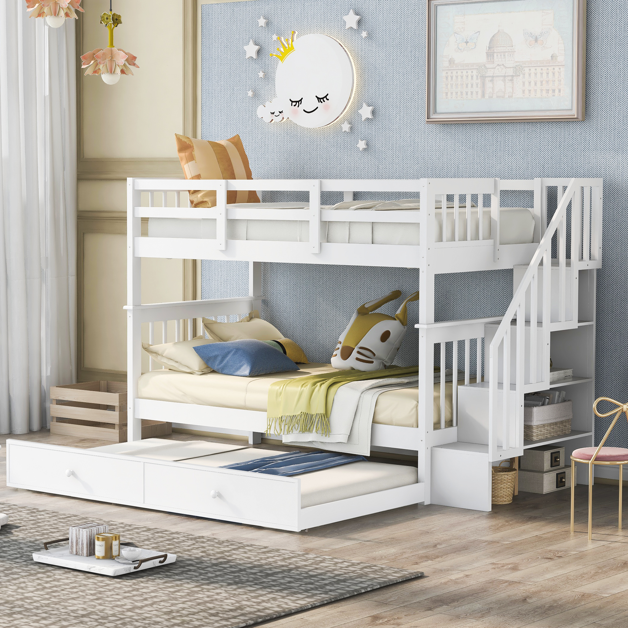 Stairway Twin-Over-Twin Bunk Bed with Twin size Trundle for Bedroom, Dorm, White-Boyel Living