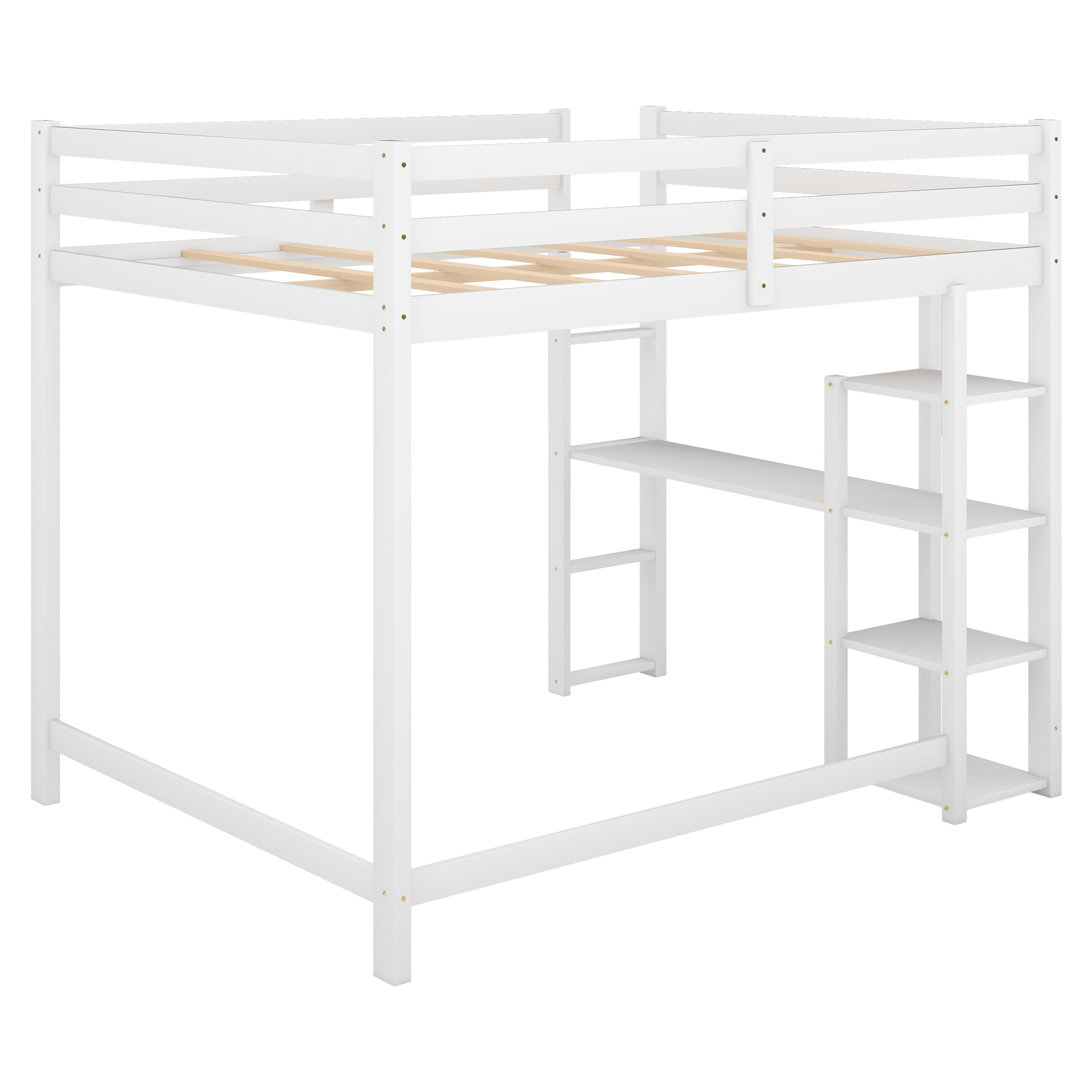 Full Size Loft Bed with Built-in Desk and Shelves,White/Gray