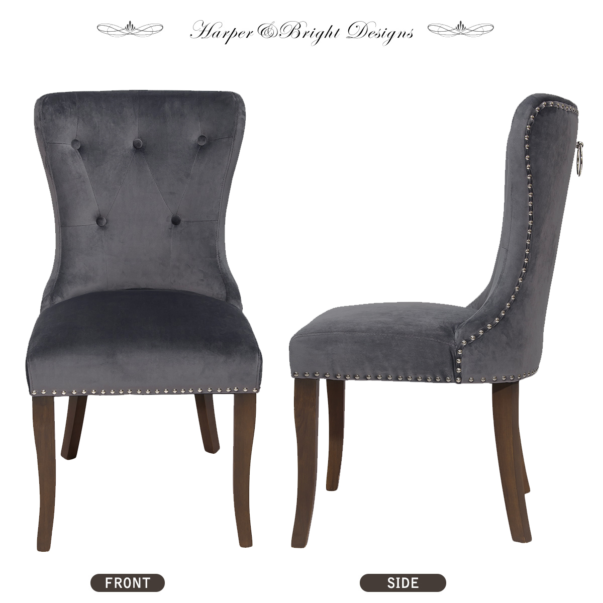 Victorian Dining Chair Button Tufted Armless Chair Upholstered Accent Chair,Nailhead Trim,Chair Ring Pull Set of 2 (Grey)-Boyel Living