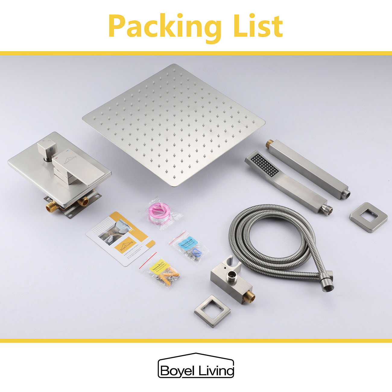  Shower System with 12 in. Ceiling Mounted Square Rainfall Shower head and Handheld Shower Head, Brushed Nickel-Boyel Living