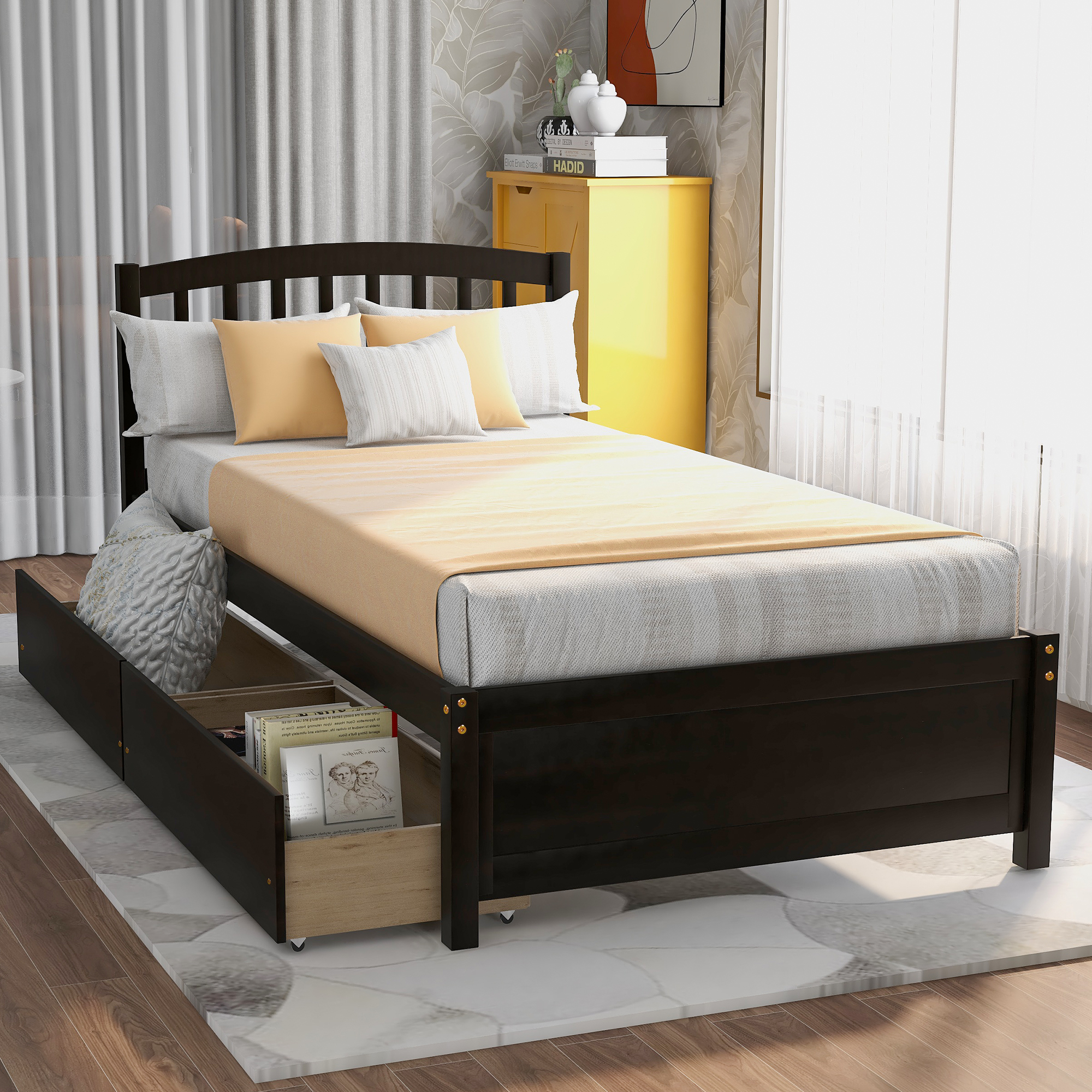 Twin Platform Storage Bed Wood Bed Frame with Two Drawers and Headboard, Espresso（Previous SKU: SF000062PAA）-Boyel Living