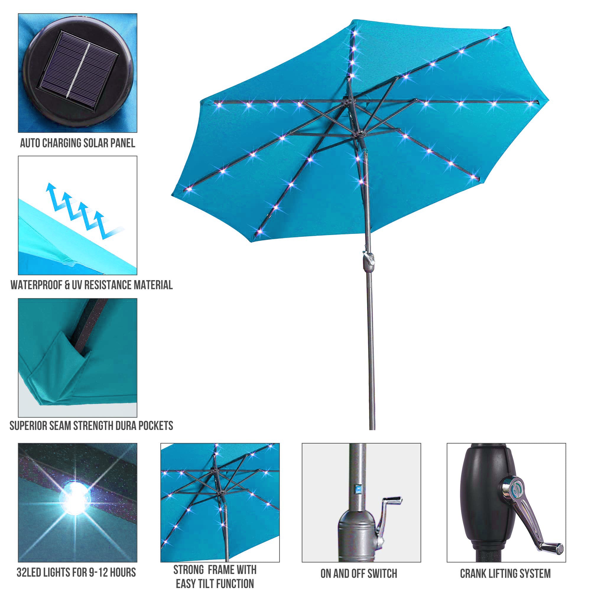 9ft Patio Umbrella Outdoor Market 32 LED Solar Umbrella with Tilt and Crank-Boyel Living
